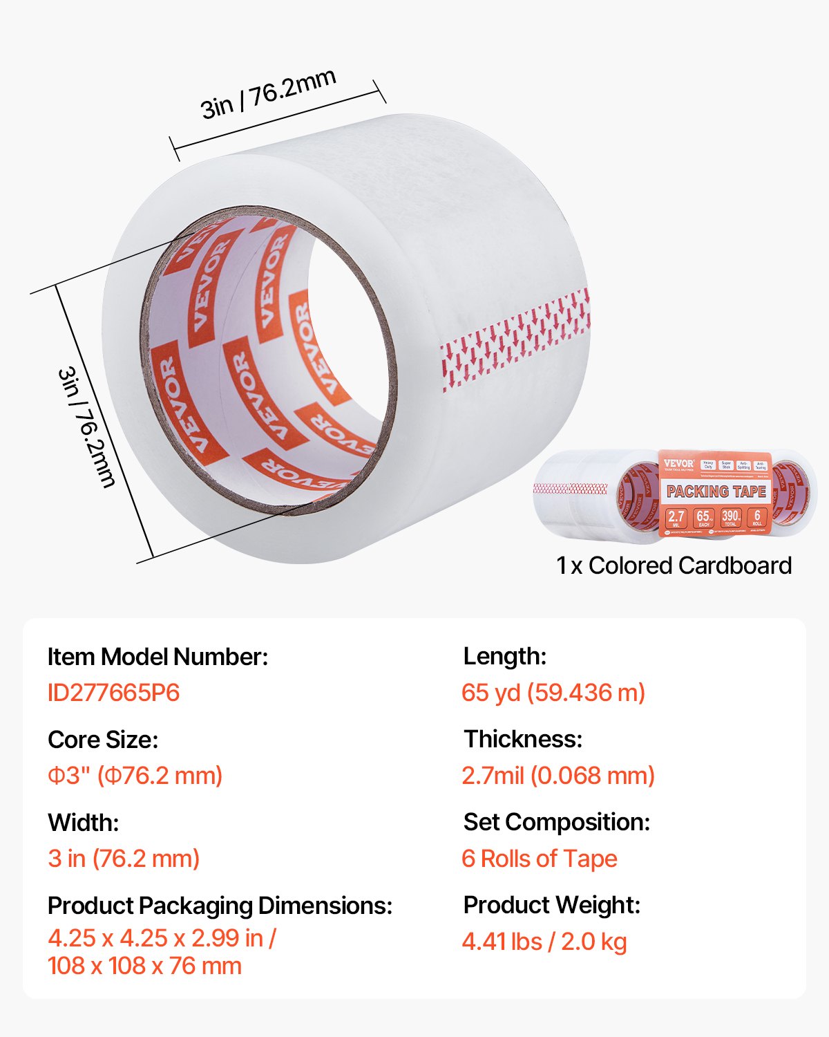 VEVOR Clear Packing Tape 6 Rolls 65 Yards Heavy Duty Clear Packing Tapes 2.7 Mil 7