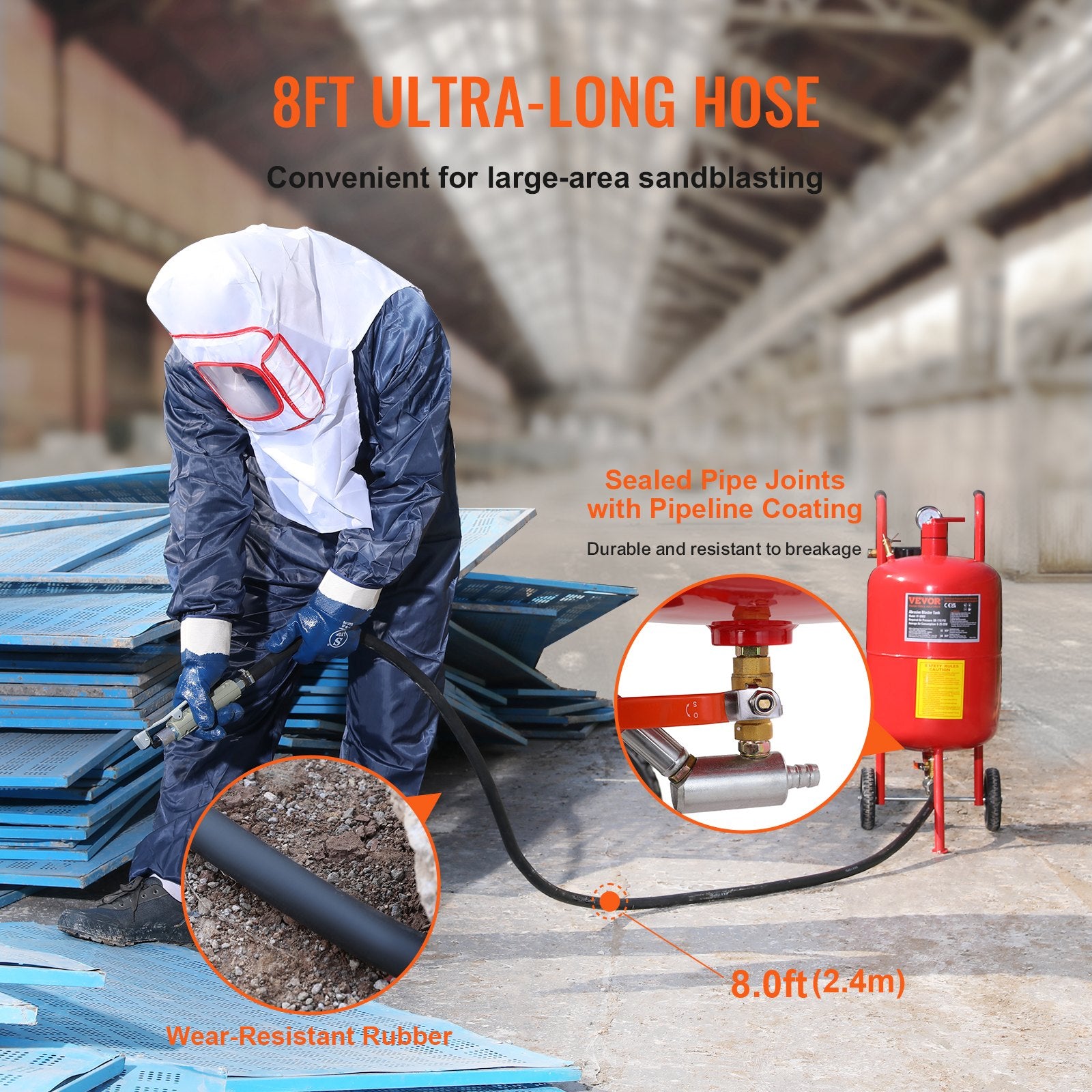 VEVOR 10Gal/40L Sandblaster Equipped w/Nozzle Shut-Off Valve Pressure Gauge Ceramic Nozzle Rubber Wheels Grit Power Sand Blasters Portable Sandblasting Equipment 6