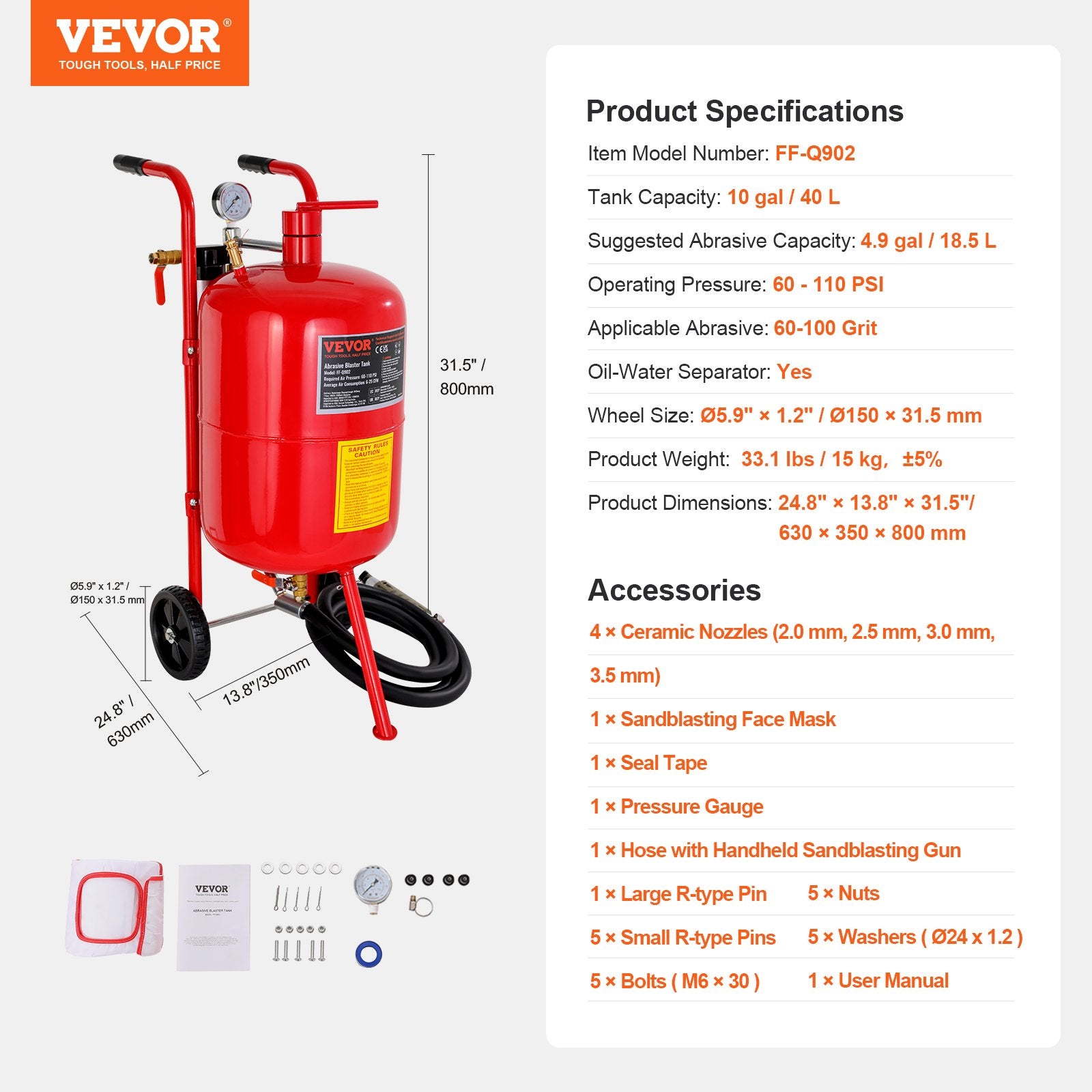 VEVOR 10Gal/40L Sandblaster Equipped w/Nozzle Shut-Off Valve Pressure Gauge Ceramic Nozzle Rubber Wheels Grit Power Sand Blasters Portable Sandblasting Equipment 7