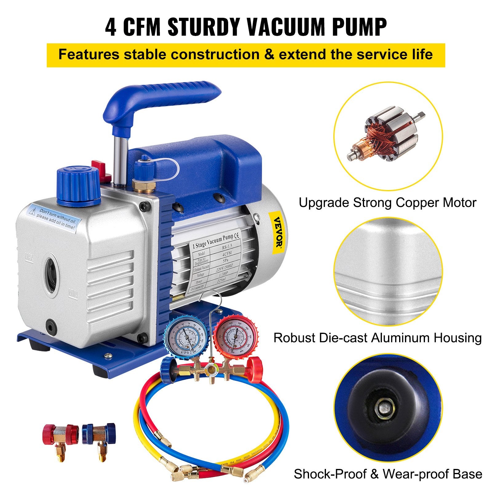 Vevor 4CFM 1/4HP Rotary Vane Vacuum Pump + R134AManifold Gauge Tester Charging +Hose 3