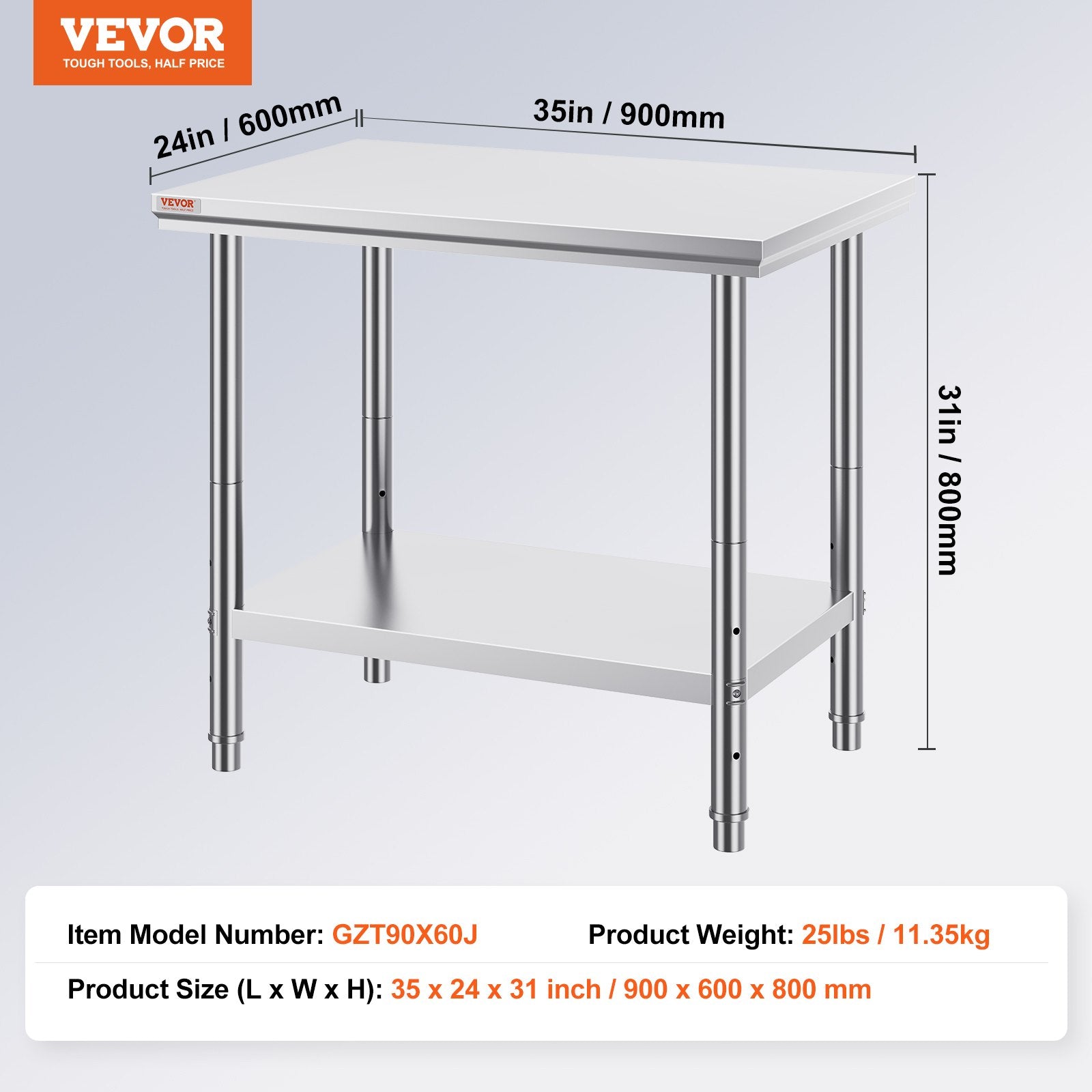 VEVOR 910x610mm Stainless Steel Kitchen Bench Commercial Work Food Prep Table 7