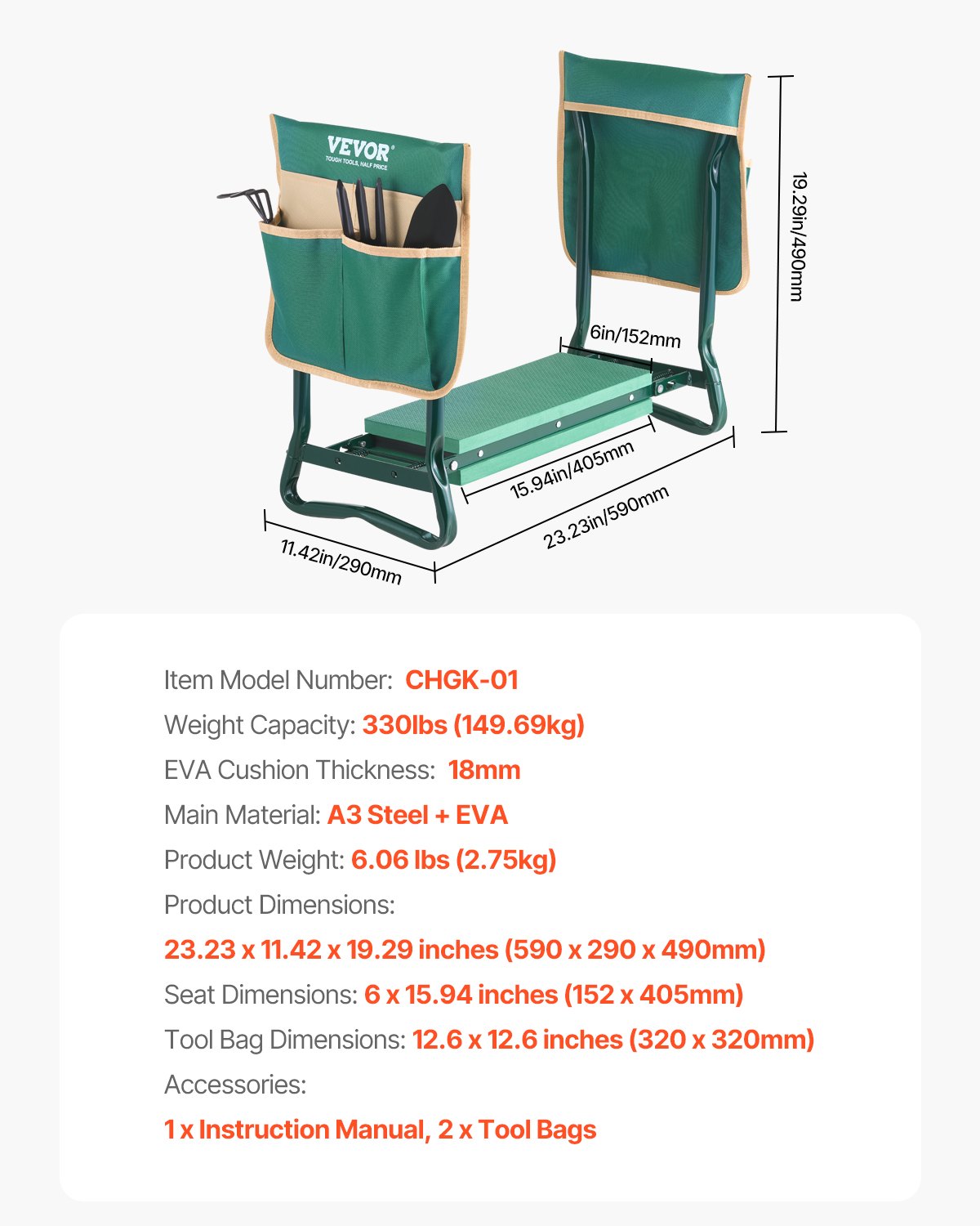 VEVOR Garden Kneeler and Seat, 6 in Wide Kneeling Pad, Heavy Duty Garden Kneeling Stool, Folding Garden Seat with 2 Tool Bags, Relieve Knee & Back Pain, Portable Garden Bench for Women Grandparents 7