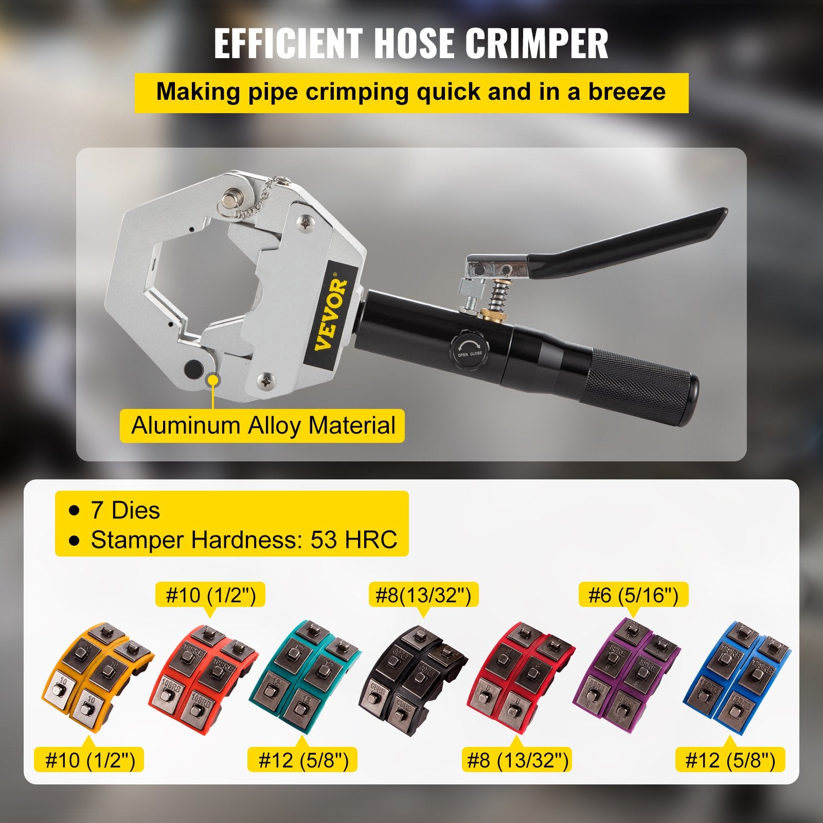 VEVOR Hydraulic Hose Crimper Hydra-Krimp 71500,Manual AC Hose Crimper Kit Air Conditioning Repaire Handheld,Hydraulic Hose Crimping Tool with 7 Die Set, for Barbed and Beaded Hose Fittings 3