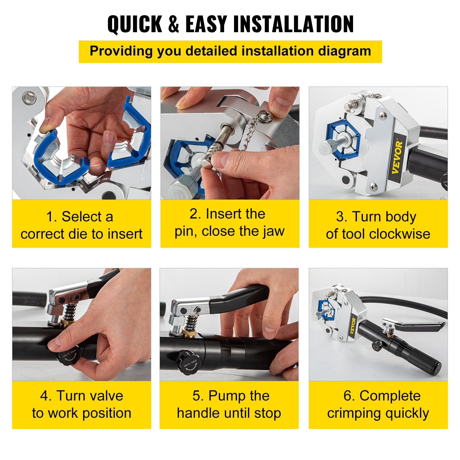 VEVOR Hydraulic Hose Crimper Hydra-Krimp 71500,Manual AC Hose Crimper Kit Air Conditioning Repaire Handheld,Hydraulic Hose Crimping Tool with 7 Die Set, for Barbed and Beaded Hose Fittings 4
