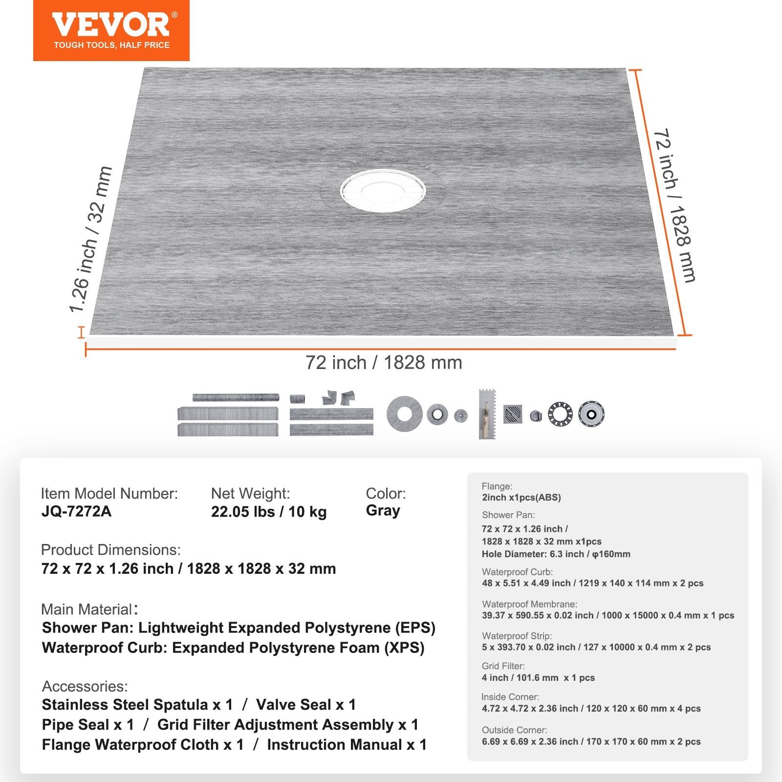 VEVOR Shower Curb Kit, 1828x1828mm, 72"x72" Shower Pan Kit with 50.8mm 7
