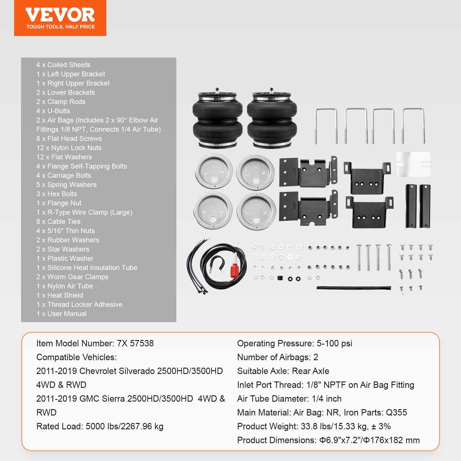 VEVOR Air Bag Suspension Kit, Air Springs Suspension Bag Kit Compatible with 2011-2019 Chevrolet Silverado 2500/3500HD and GMC Sierra 2500/3500HD 4WD RWD, 5000 lbs Loading, 5 to 100 PSI 7