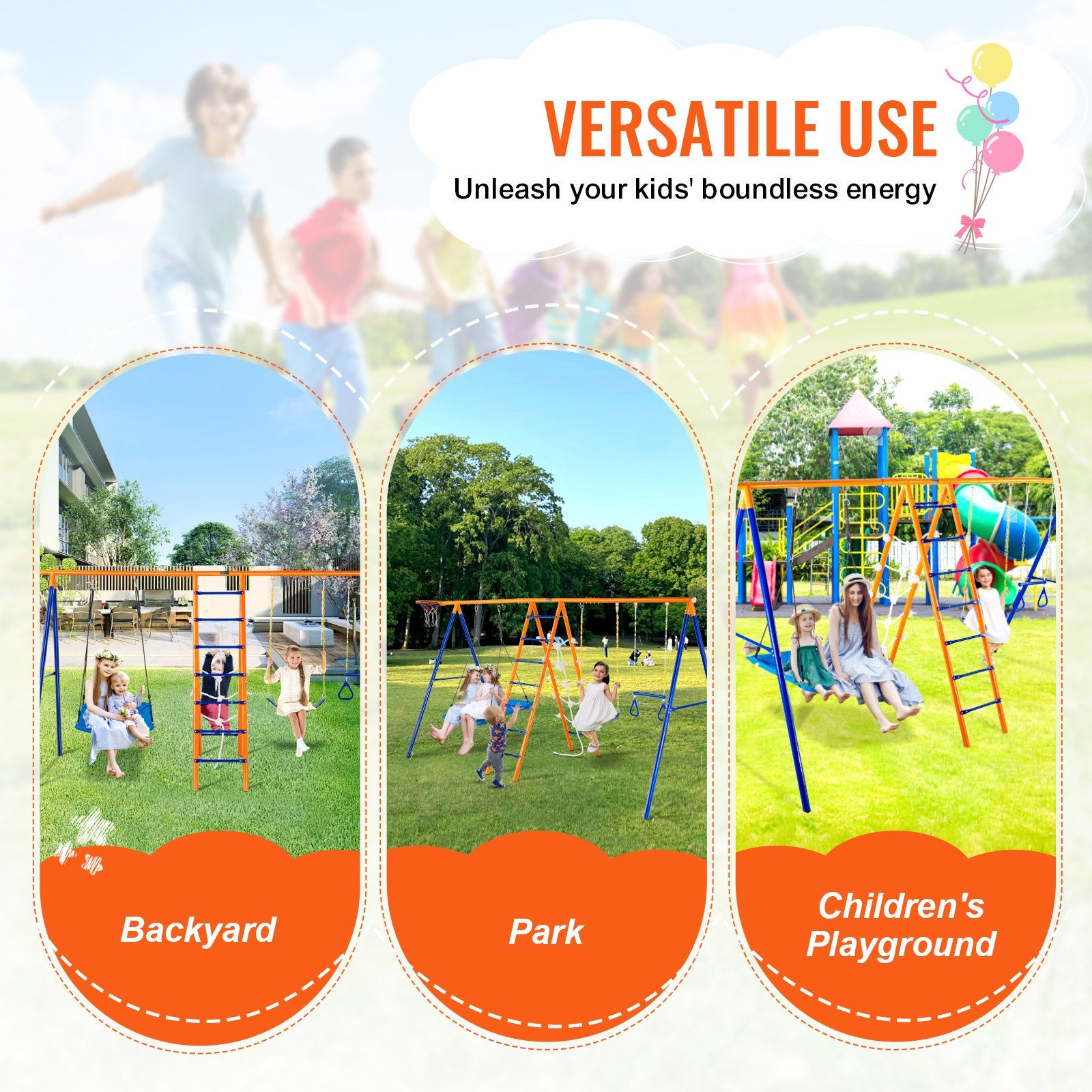 VEVOR Swing Sets for Backyard 6 in 1 Swing Set 440lbs Capacity Metal Swingset 6