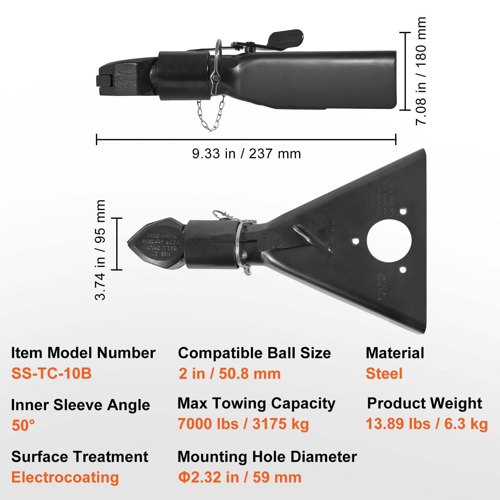 VEVOR A-Frame Trailer Coupler, Fits 2-Inch Hitch Ball Size, 7000 lbs Towing Capacity, Heavy Duty Steel Coupler, Ideal for Towing Station Wagons, Pickup Trucks, SUVs, Campers, Black Coating Surface 7