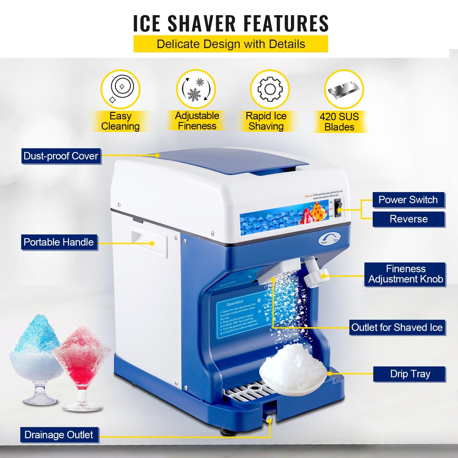 VEVOR Ice Shaver 265LBS/Hour Snow Cone Frozen Ice Shaving Slushie Dessert Maker Stainless Steel Food Grade for Kitchen Home Bars 3