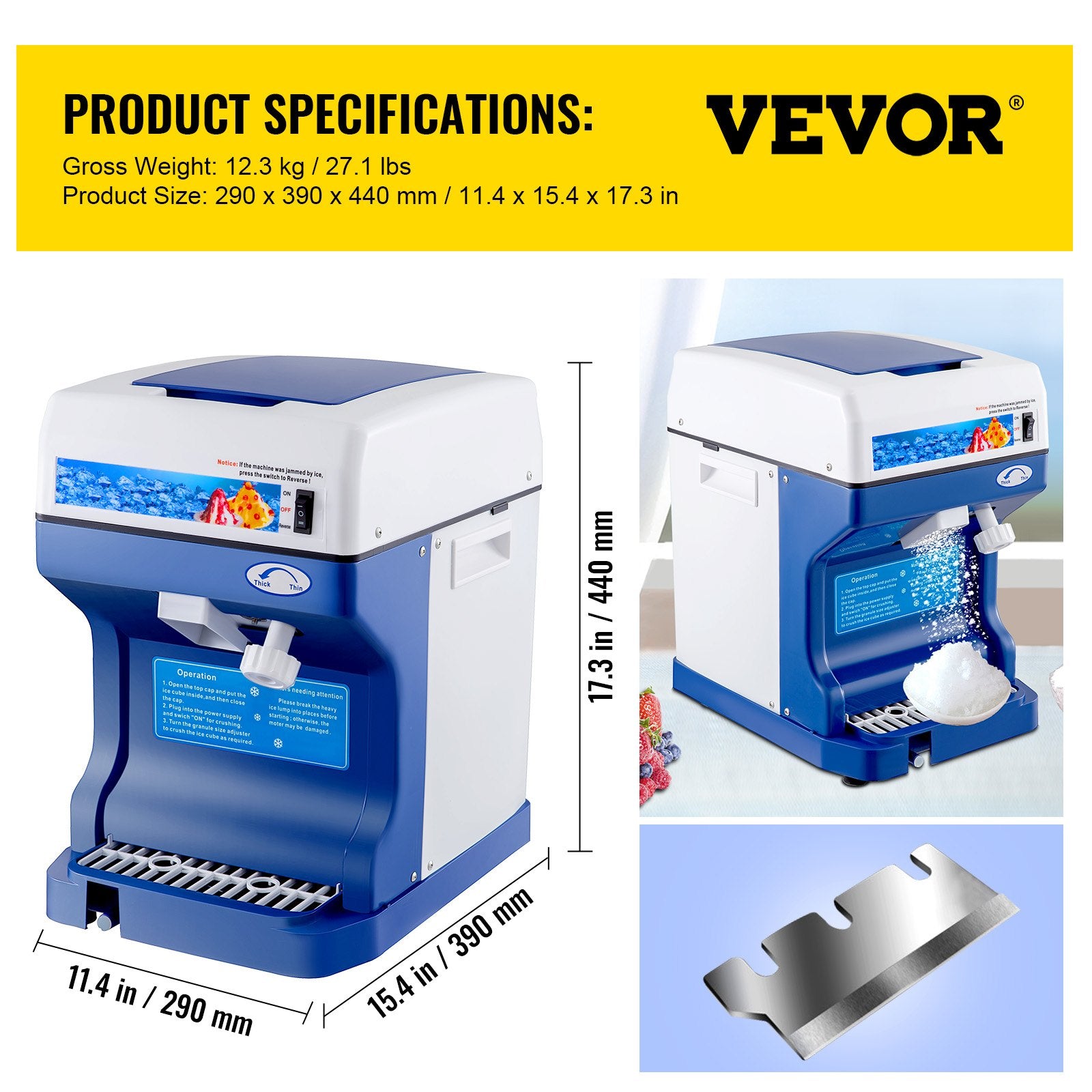 VEVOR Ice Shaver 265LBS/Hour Snow Cone Frozen Ice Shaving Slushie Dessert Maker Stainless Steel Food Grade for Kitchen Home Bars 6