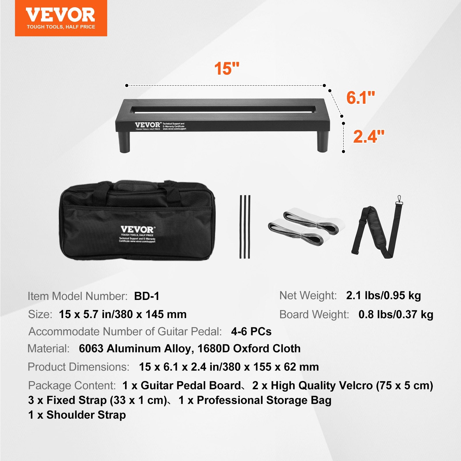 VEVOR Guitar Pedal Board, 15'' x 5.7'', Aluminum Alloy 0.8 lbs Super Light Guitar Effects PedalBoard with Carry Bag High Quality Velcro Fixed Strap Shoulder Strap, Accommodate 4-6 Guitar Pedals, Small 7