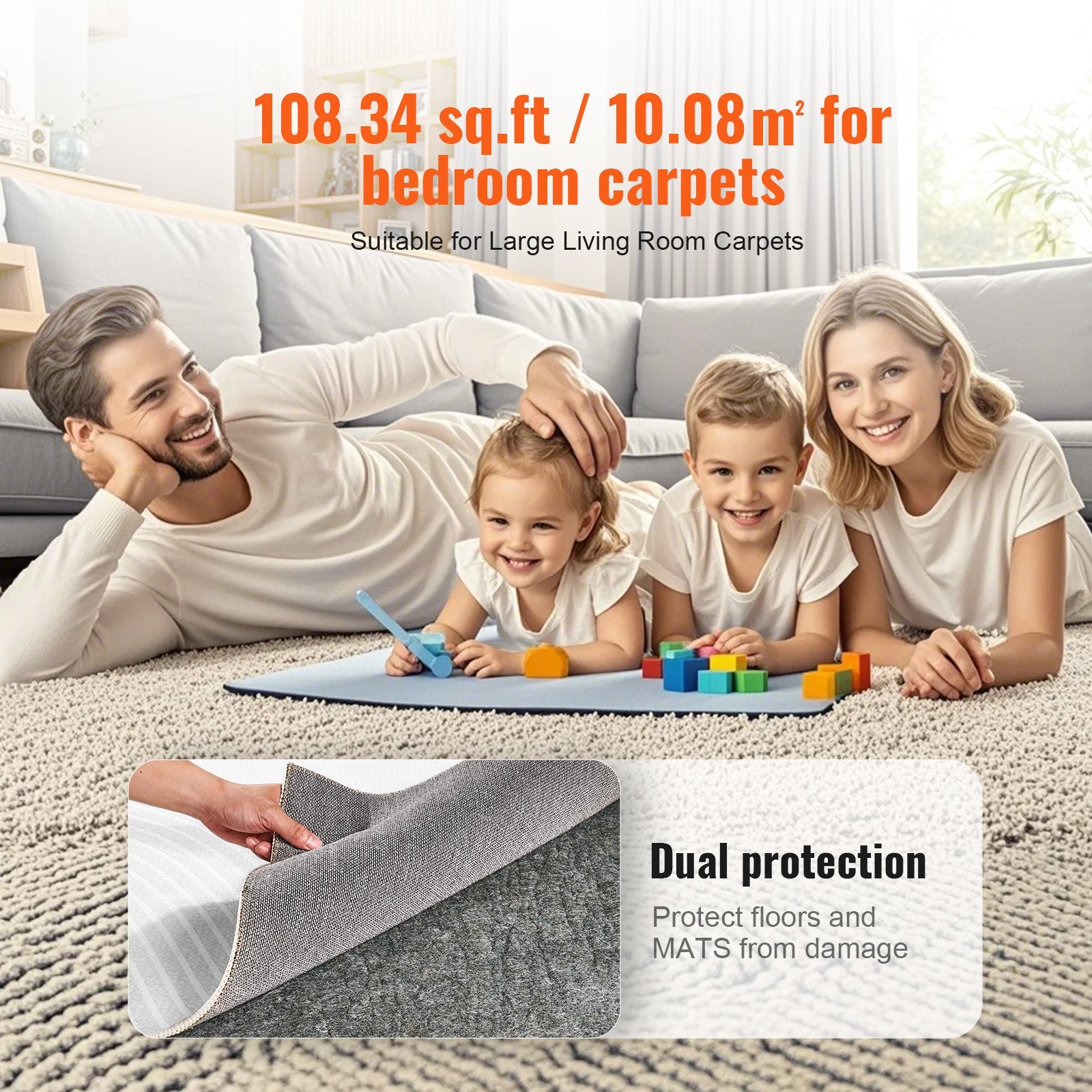 VEVOR Rug Pad Gripper 9' x 12' Protective Carpet Pad 0.47" Thick for All Floors 6