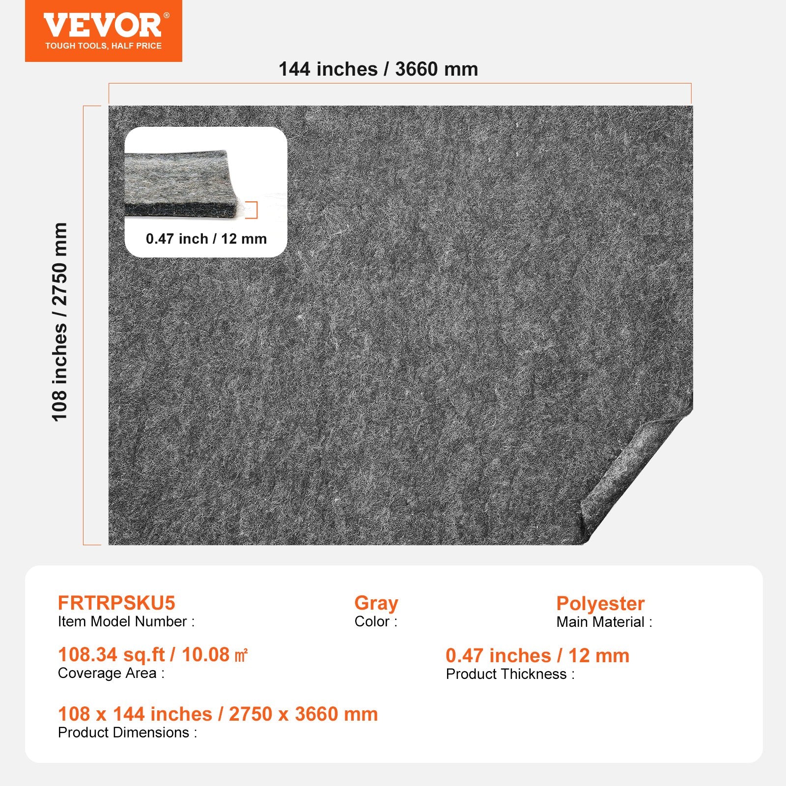 VEVOR Rug Pad Gripper 9' x 12' Protective Carpet Pad 0.47" Thick for All Floors 7