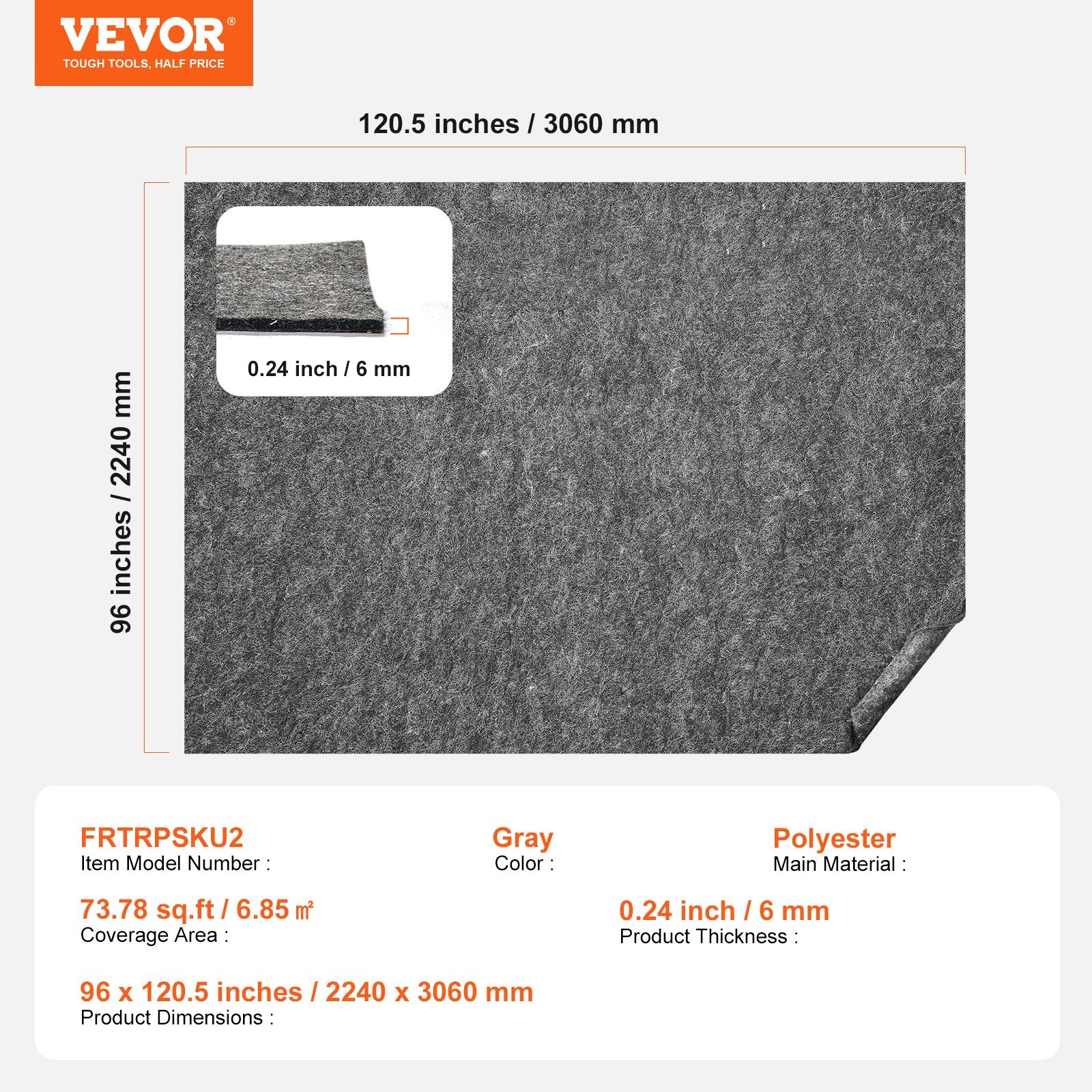 VEVOR Rug Pad Gripper 8' x 10' Protective Carpet Pad 0.24" Thick for All Floors 7