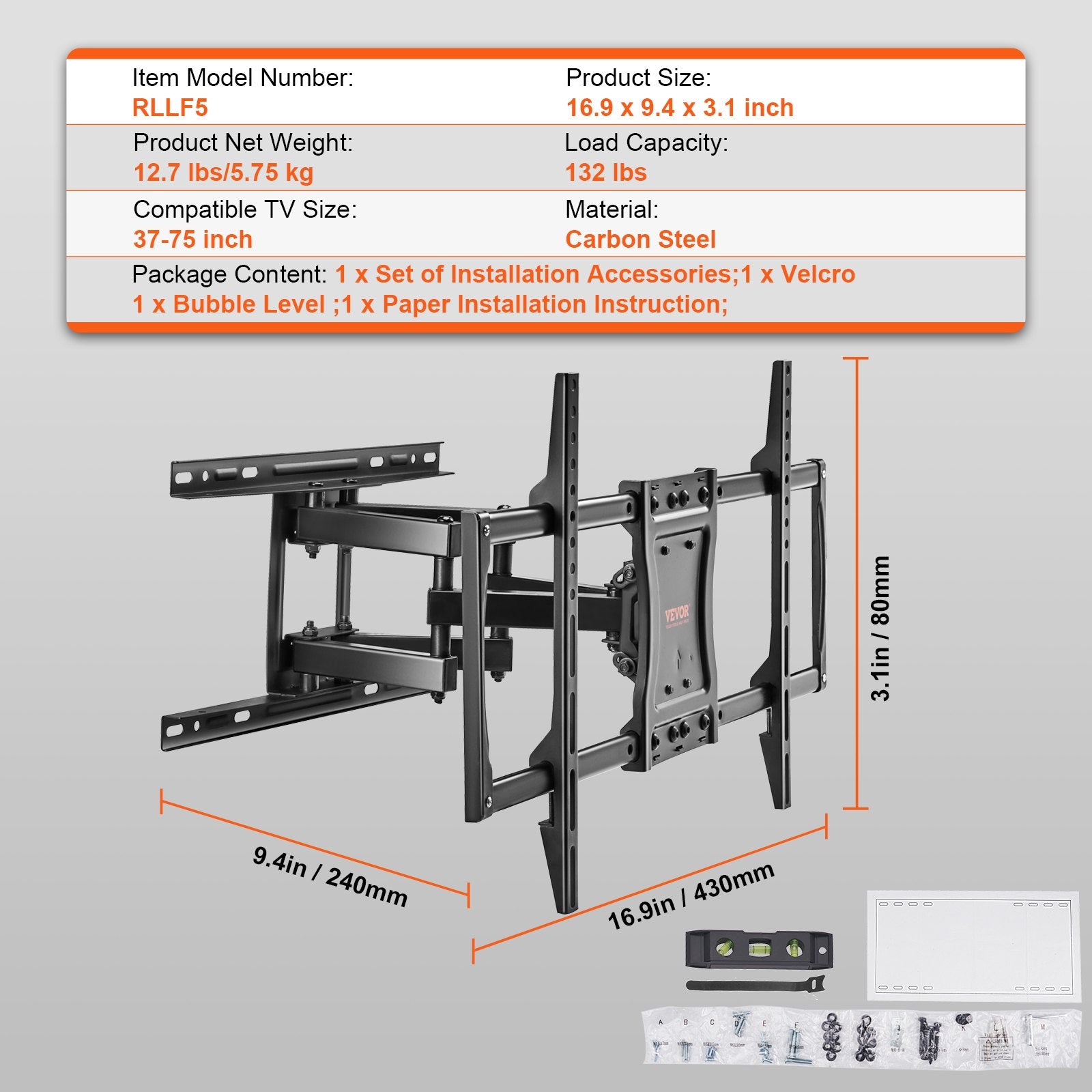 VEVOR Full Motion TV Mount Fits for Most 37-75 inch TVs, Swivel Tilt Horizontal Adjustment TV Wall Mount Bracket with 4 Articulating Arms, Max VESA 600x400mm, Holds up to 132 lbs 6