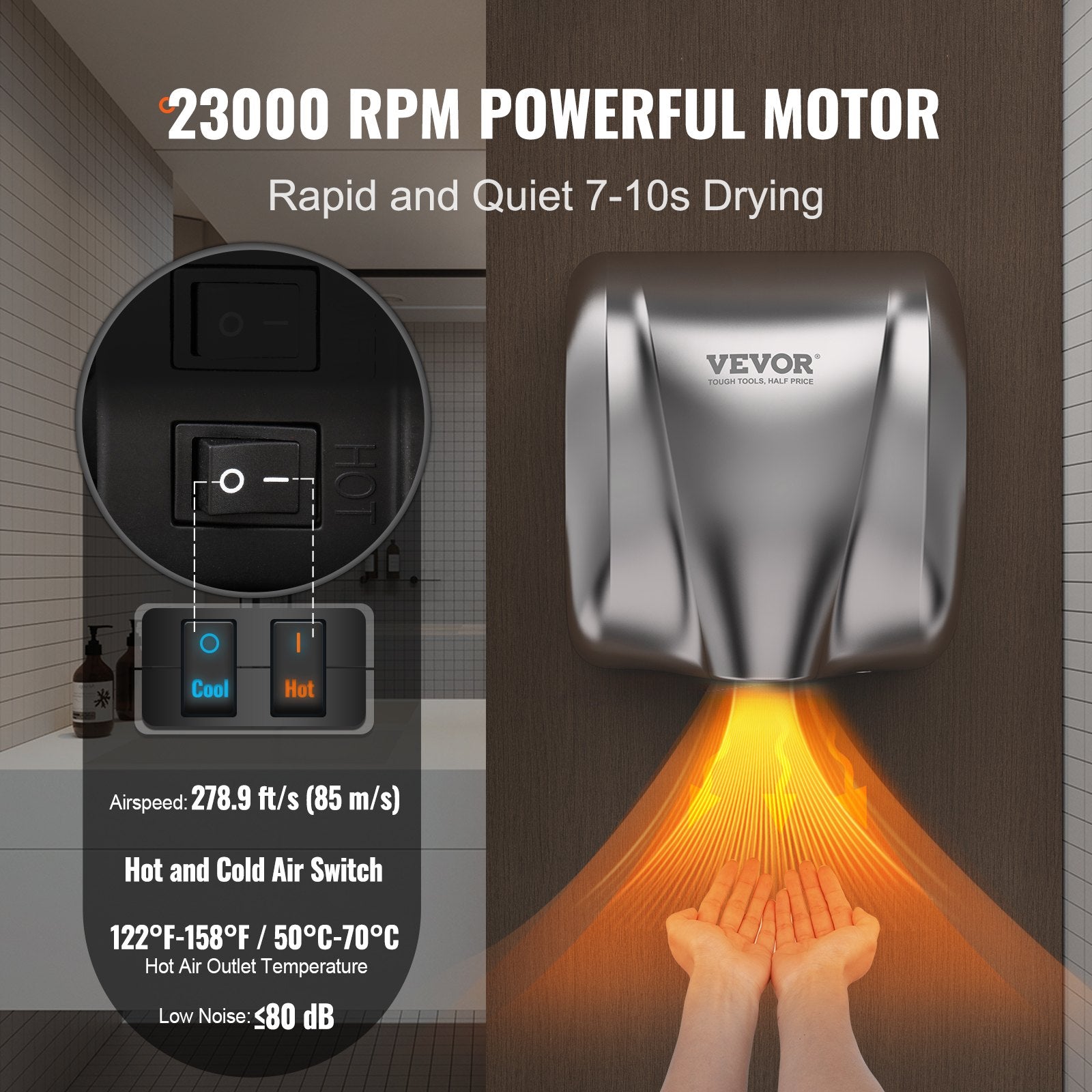VEVOR Heavy Duty Commercial Hand Dryer, 1800W Automatic High Speed Stainless Steel Warm Wind Hand Blower, 220V-240V Plug In/Hardwired Two Power Options, Compliant for Industry Business Restrooms 3