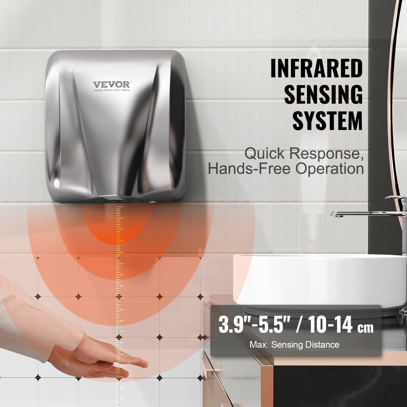 VEVOR Heavy Duty Commercial Hand Dryer, 1800W Automatic High Speed Stainless Steel Warm Wind Hand Blower, 220V-240V Plug In/Hardwired Two Power Options, Compliant for Industry Business Restrooms 4