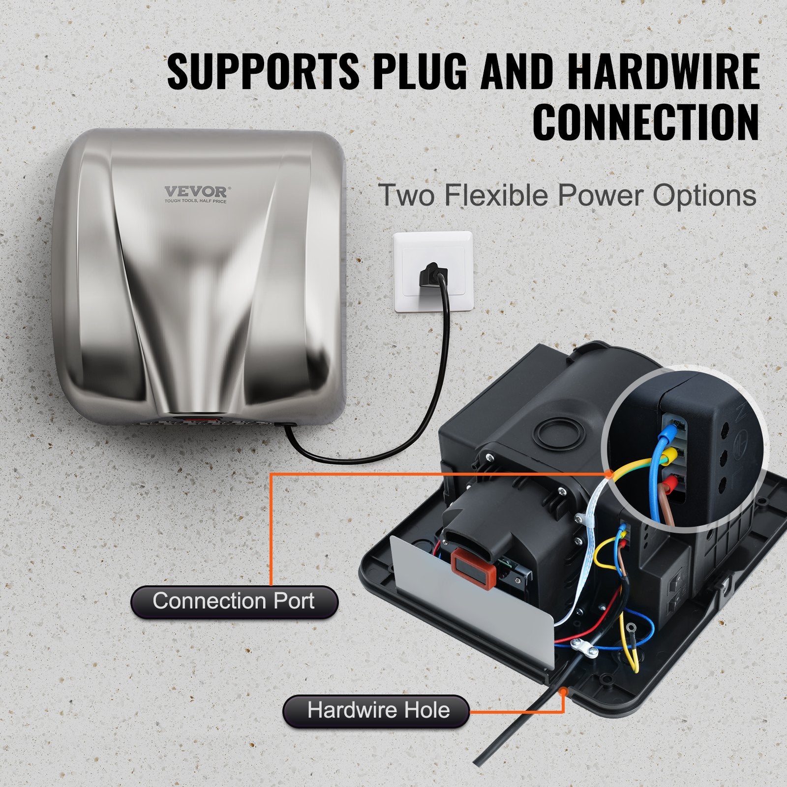 VEVOR Heavy Duty Commercial Hand Dryer, 1800W Automatic High Speed Stainless Steel Warm Wind Hand Blower, 220V-240V Plug In/Hardwired Two Power Options, Compliant for Industry Business Restrooms 6