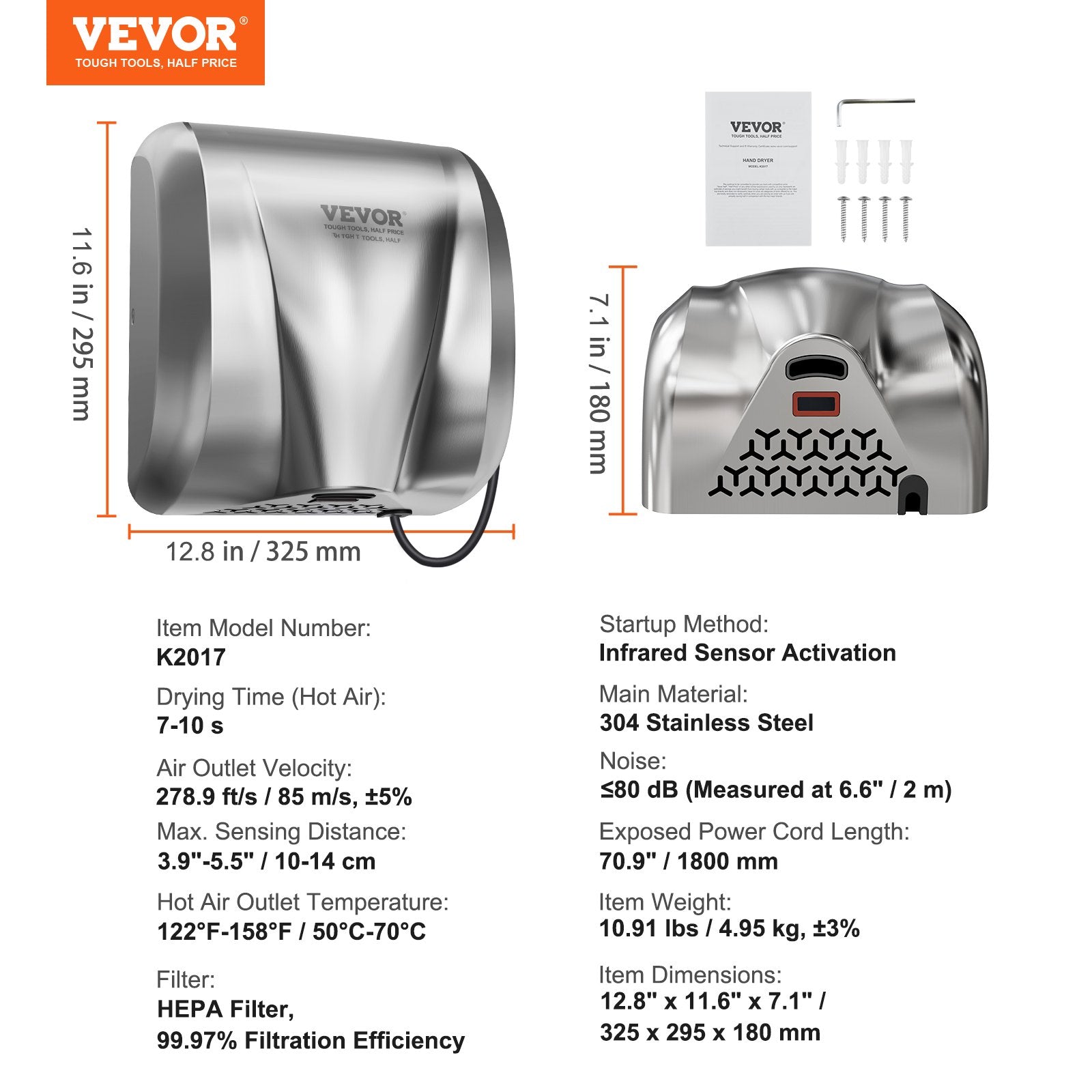 VEVOR Heavy Duty Commercial Hand Dryer, 1800W Automatic High Speed Stainless Steel Warm Wind Hand Blower, 220V-240V Plug In/Hardwired Two Power Options, Compliant for Industry Business Restrooms 7