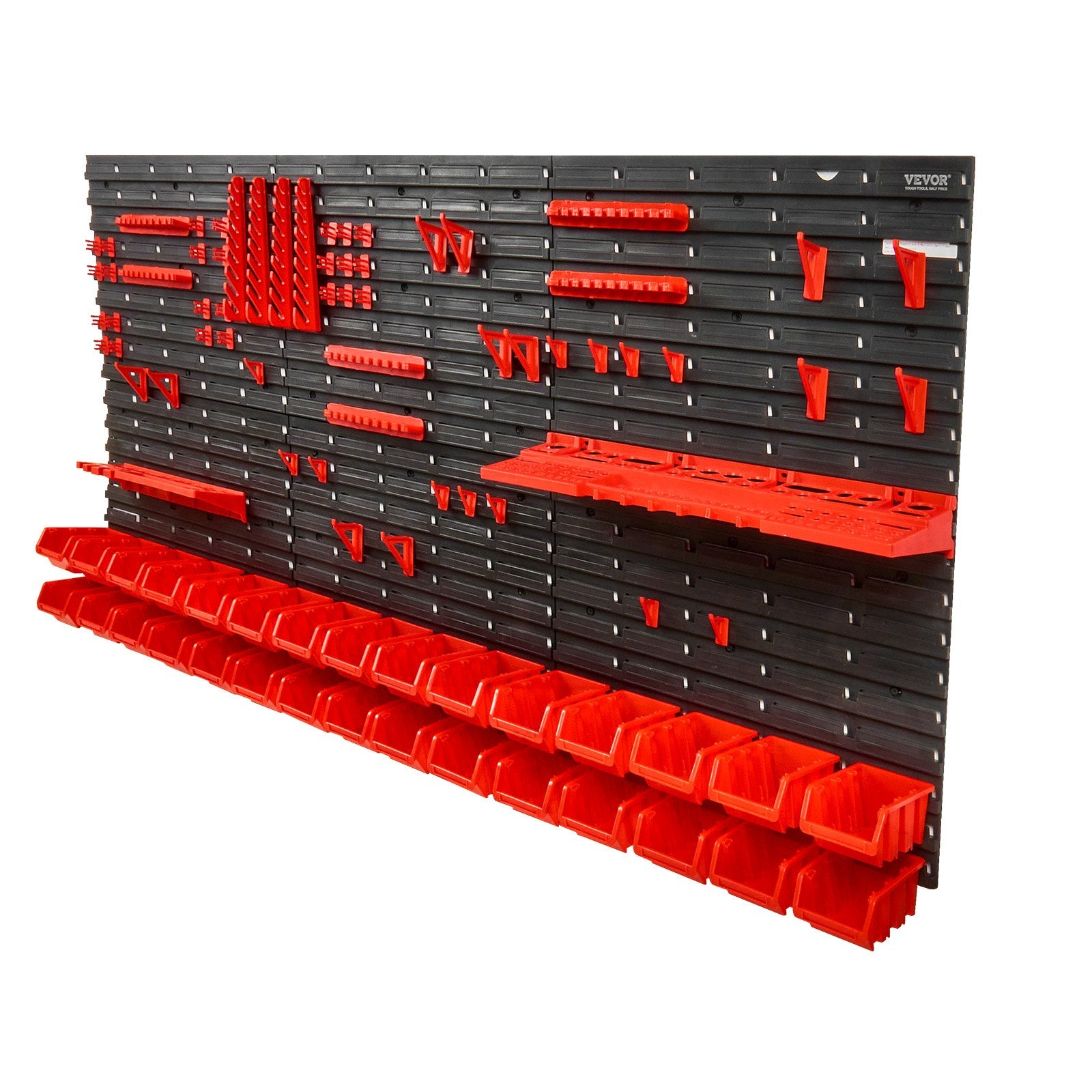 VEVOR Wall Mounted Storage Bins, 30-Bin Parts Rack Organizer Garage Plastic Shop Tool with Wall Panels/Tool Holders/Hooks, Tool Organizer for Nuts, Bolts, Screws, Nails, Beads, Buttons, Black and Red 11