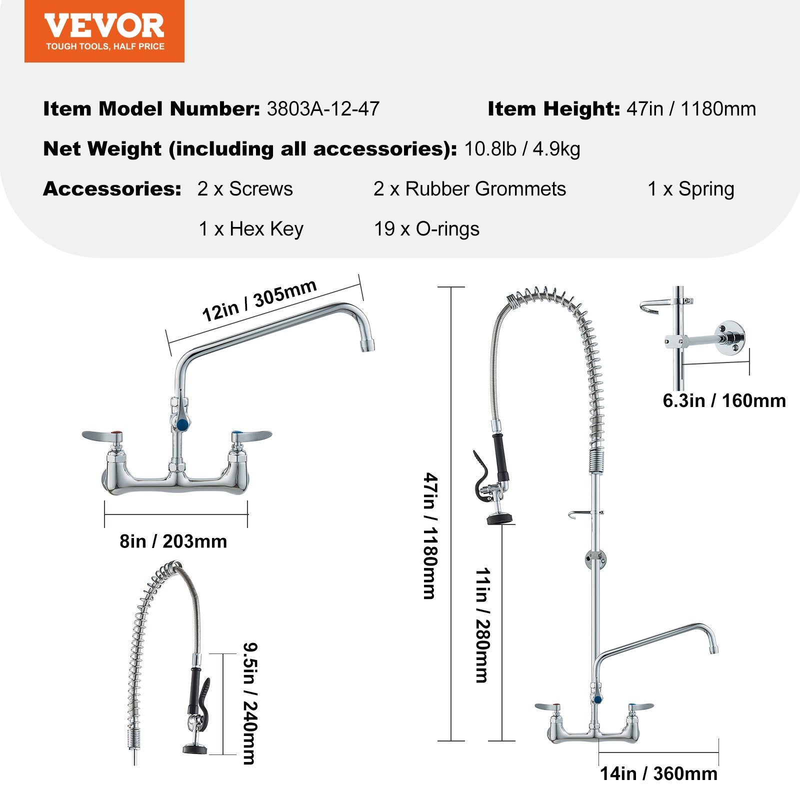 VEVOR Commercial Faucet with Pre-Rinse Sprayer, 47" Height, 8" Center, 12" Swing Spout, Wall Mount Kitchen Sink Faucet, Brass Constructed Device with Pull Down Spray, for 1/2/3 Compartment Sink 7