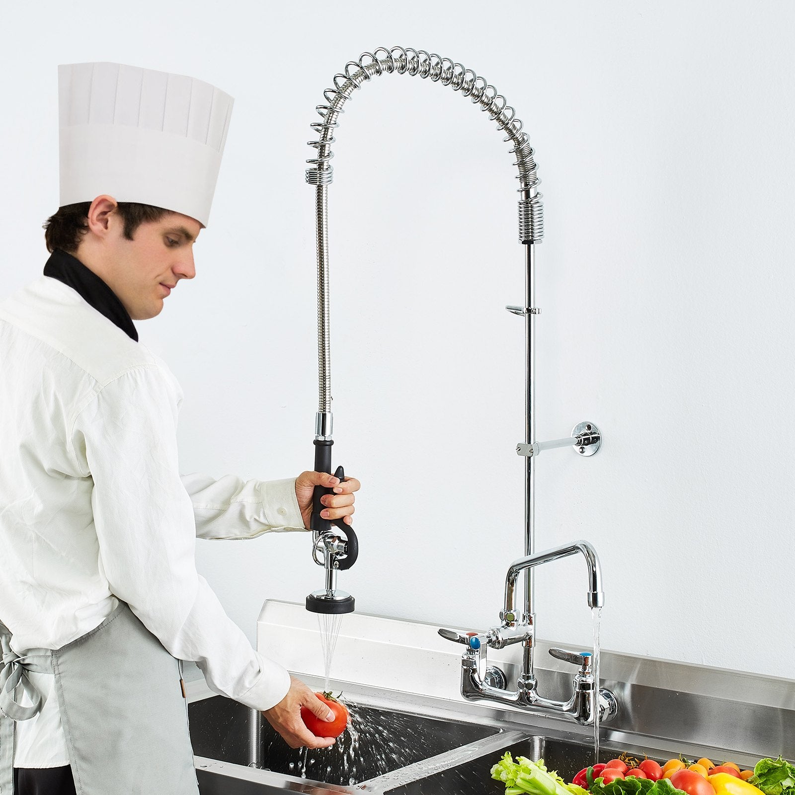 VEVOR Commercial Faucet with Pre-Rinse Sprayer, 47" Height, 8" Center, 12" Swing Spout, Wall Mount Kitchen Sink Faucet, Brass Constructed Device with Pull Down Spray, for 1/2/3 Compartment Sink 8