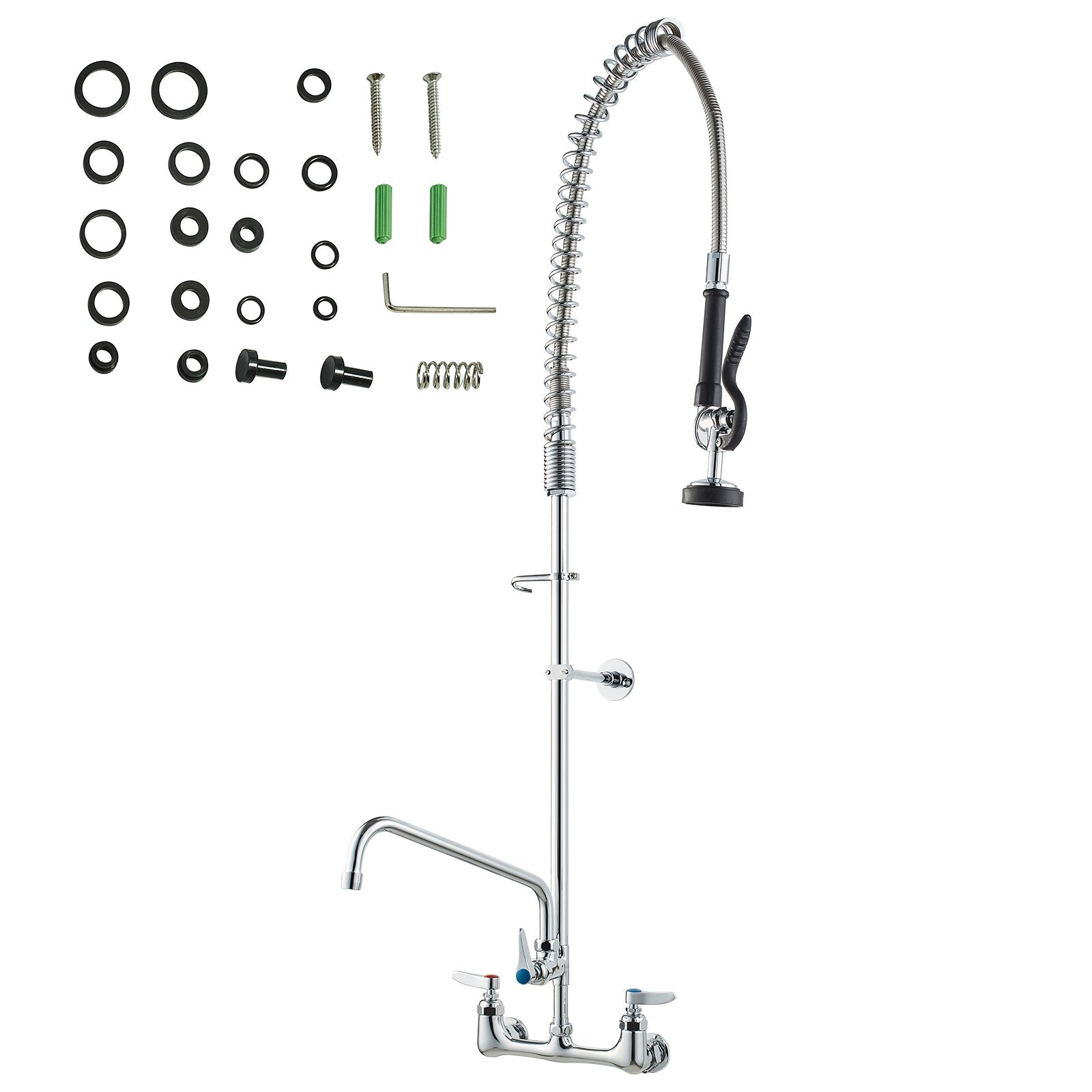 VEVOR Commercial Faucet with Pre-Rinse Sprayer, 47" Height, 8" Center, 12" Swing Spout, Wall Mount Kitchen Sink Faucet, Brass Constructed Device with Pull Down Spray, for 1/2/3 Compartment Sink 9