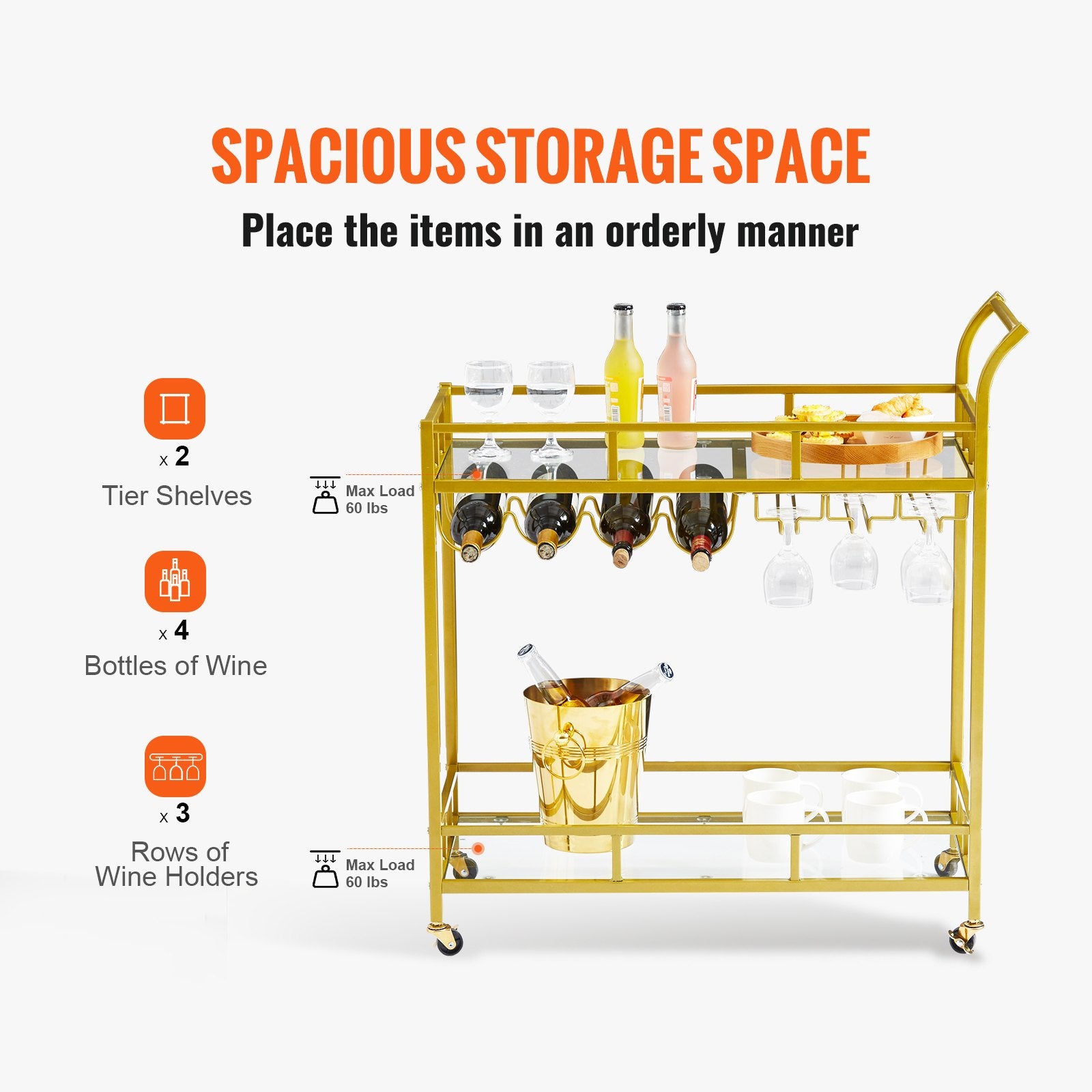 VEVOR 2 Tiers Gold Metal Bar Serving Cart with Wine Rack Glass Holder 120 LBS 3