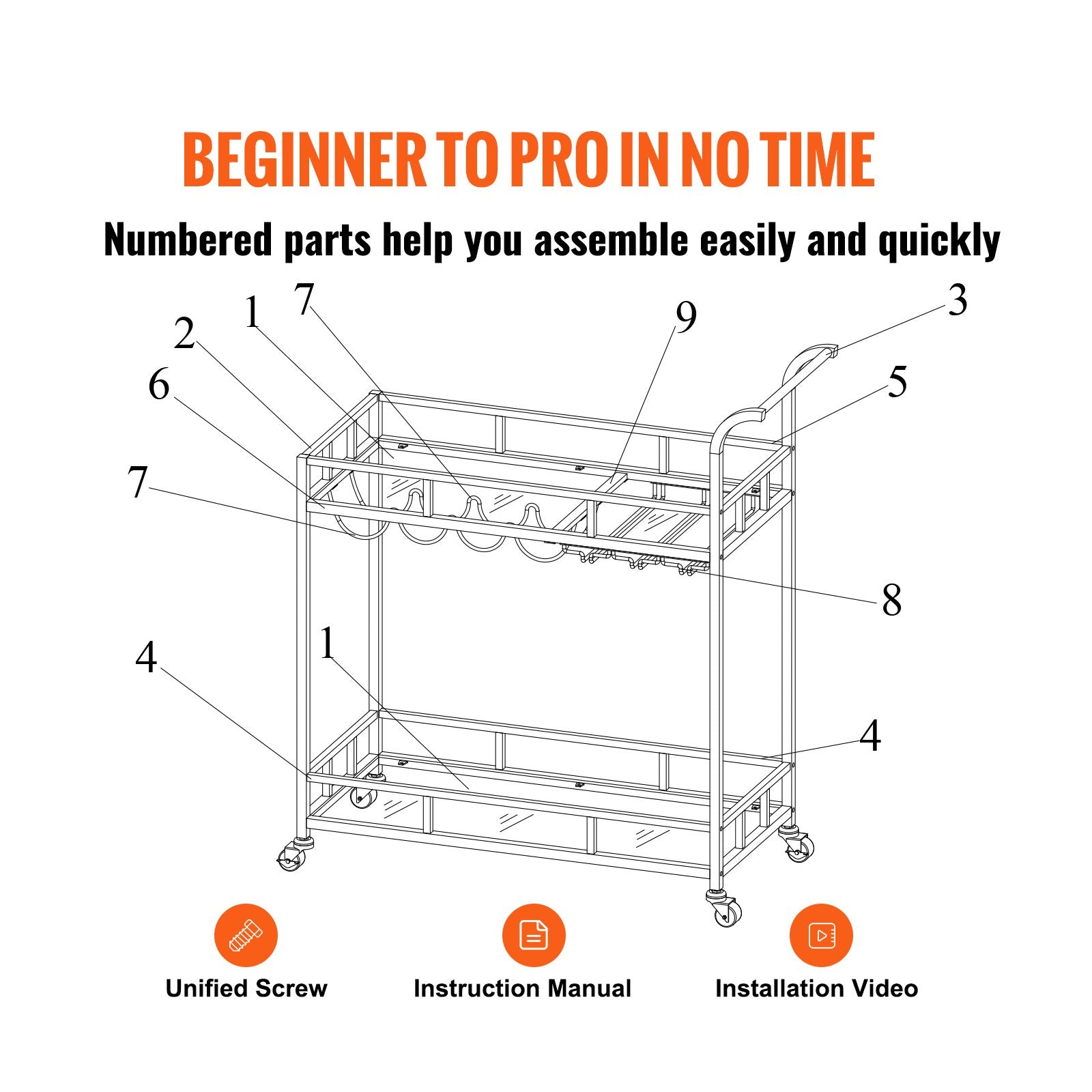 VEVOR 2 Tiers Gold Metal Bar Serving Cart with Wine Rack Glass Holder 120 LBS 6