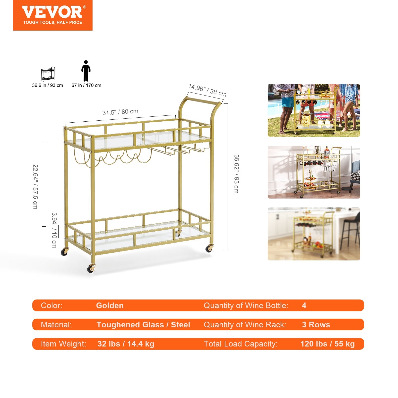 VEVOR 2 Tiers Gold Metal Bar Serving Cart with Wine Rack Glass Holder 120 LBS 7