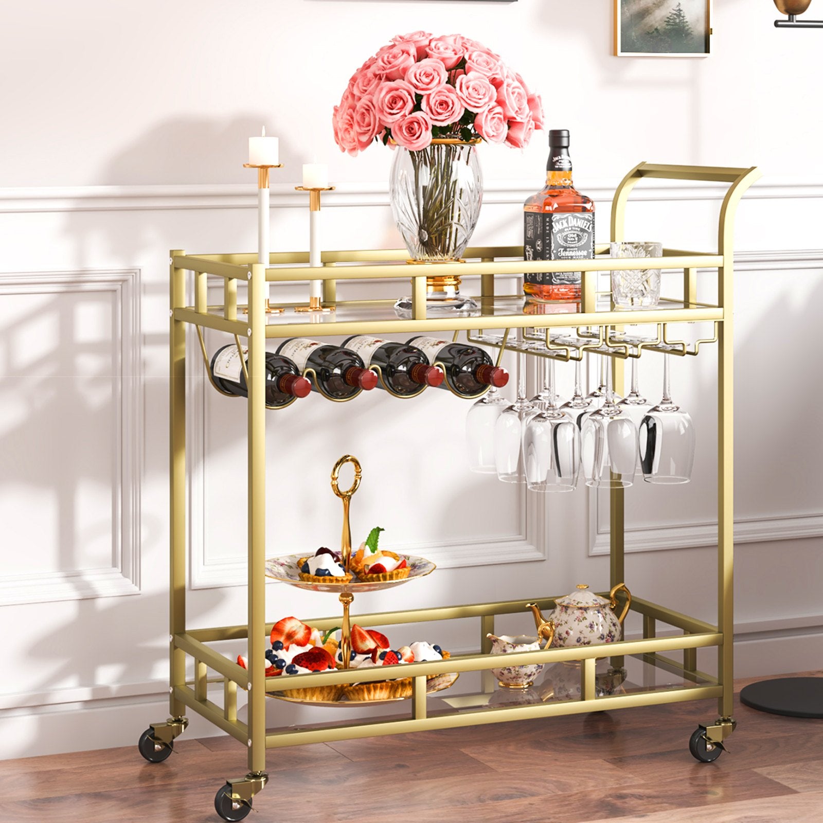 VEVOR 2 Tiers Gold Metal Bar Serving Cart with Wine Rack Glass Holder 120 LBS 8
