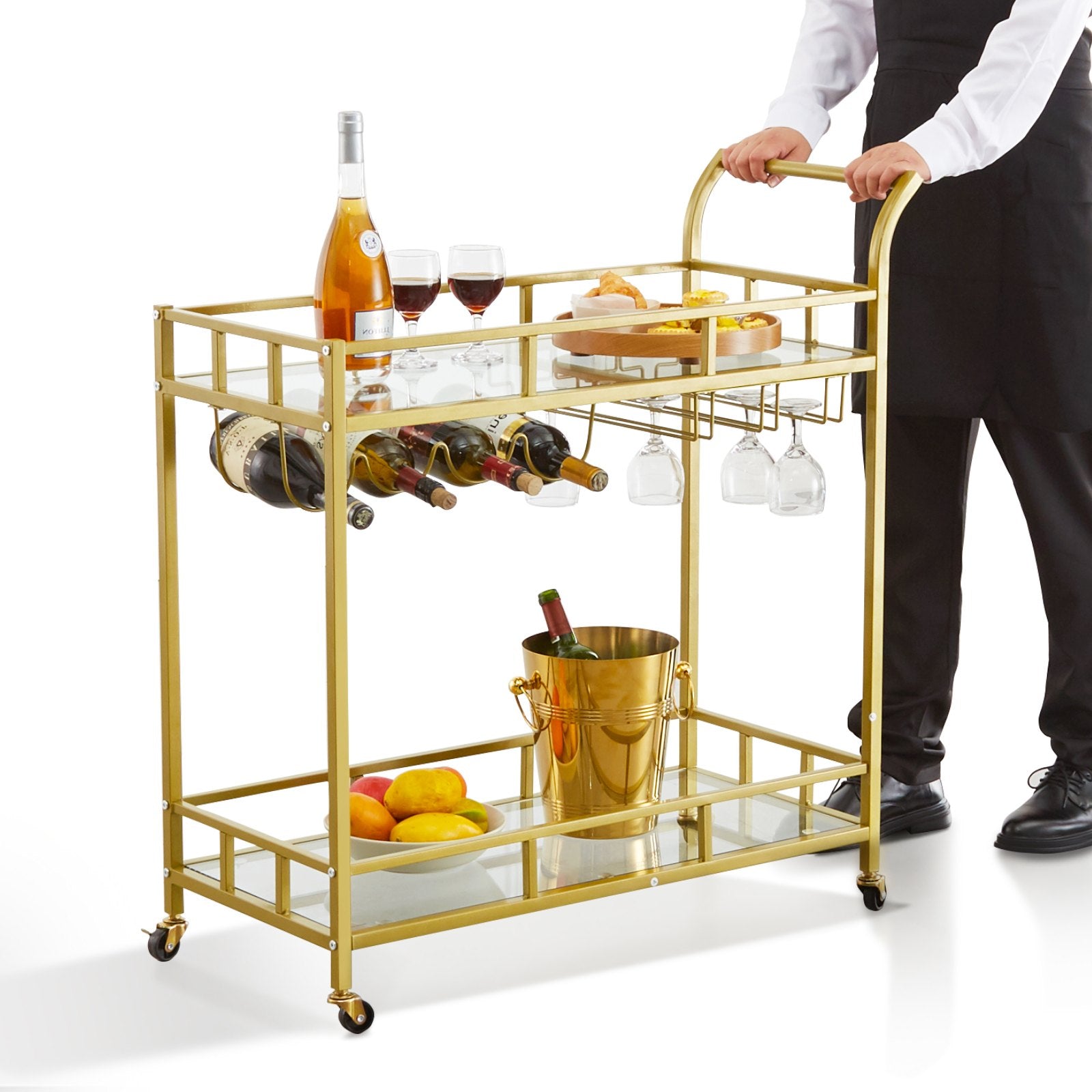 VEVOR 2 Tiers Gold Metal Bar Serving Cart with Wine Rack Glass Holder 120 LBS 9