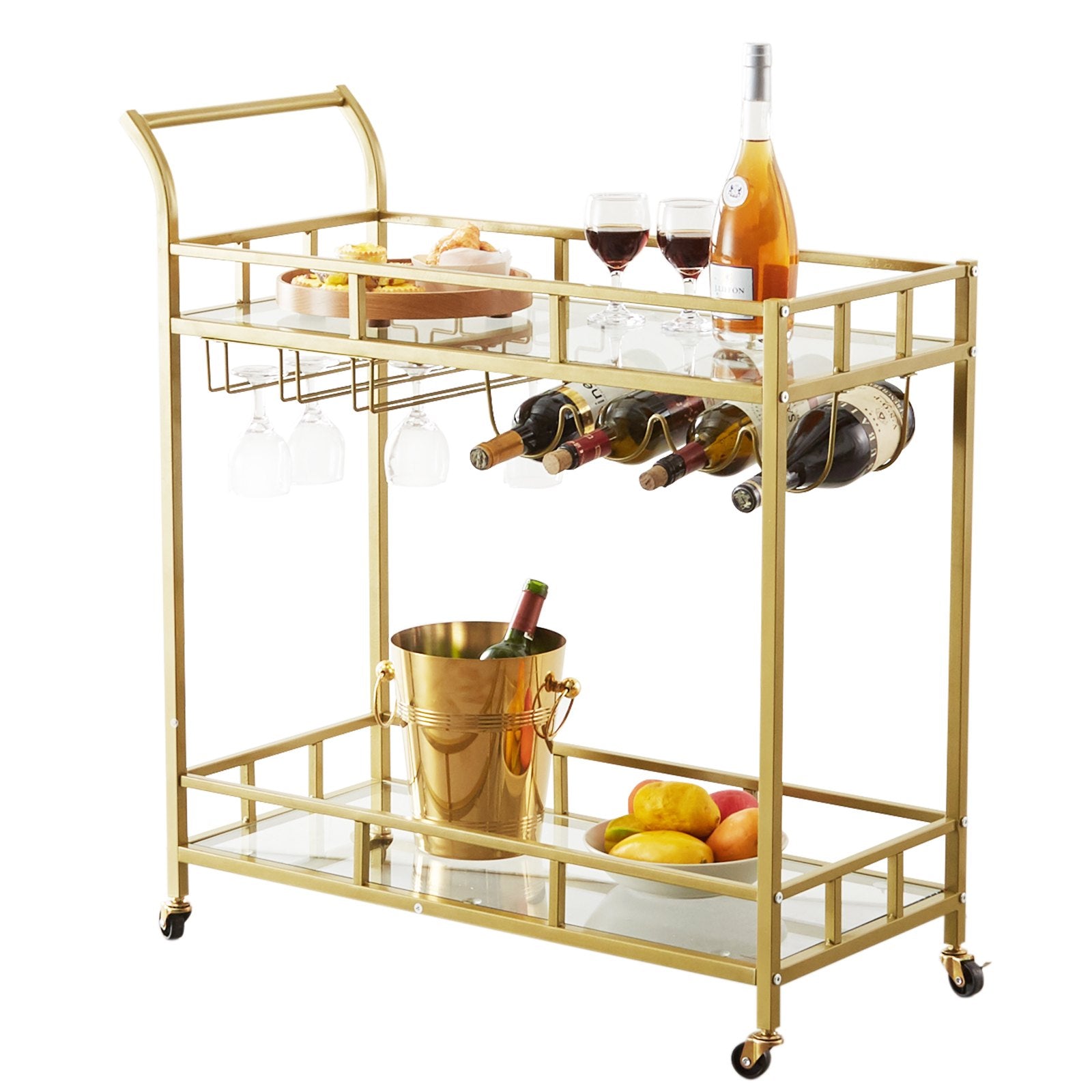 VEVOR 2 Tiers Gold Metal Bar Serving Cart with Wine Rack Glass Holder 120 LBS 10