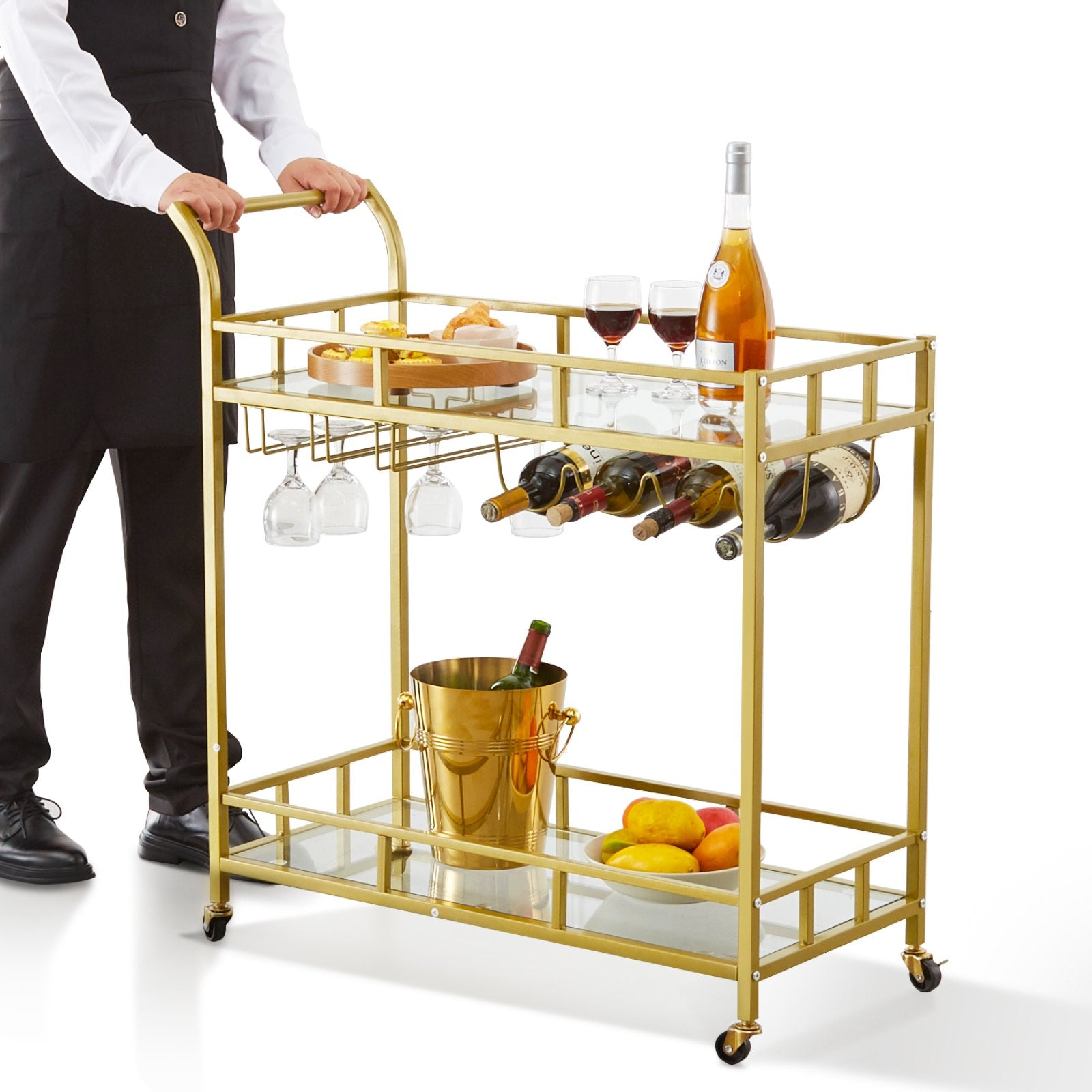 VEVOR 2 Tiers Gold Metal Bar Serving Cart with Wine Rack Glass Holder 120 LBS 11