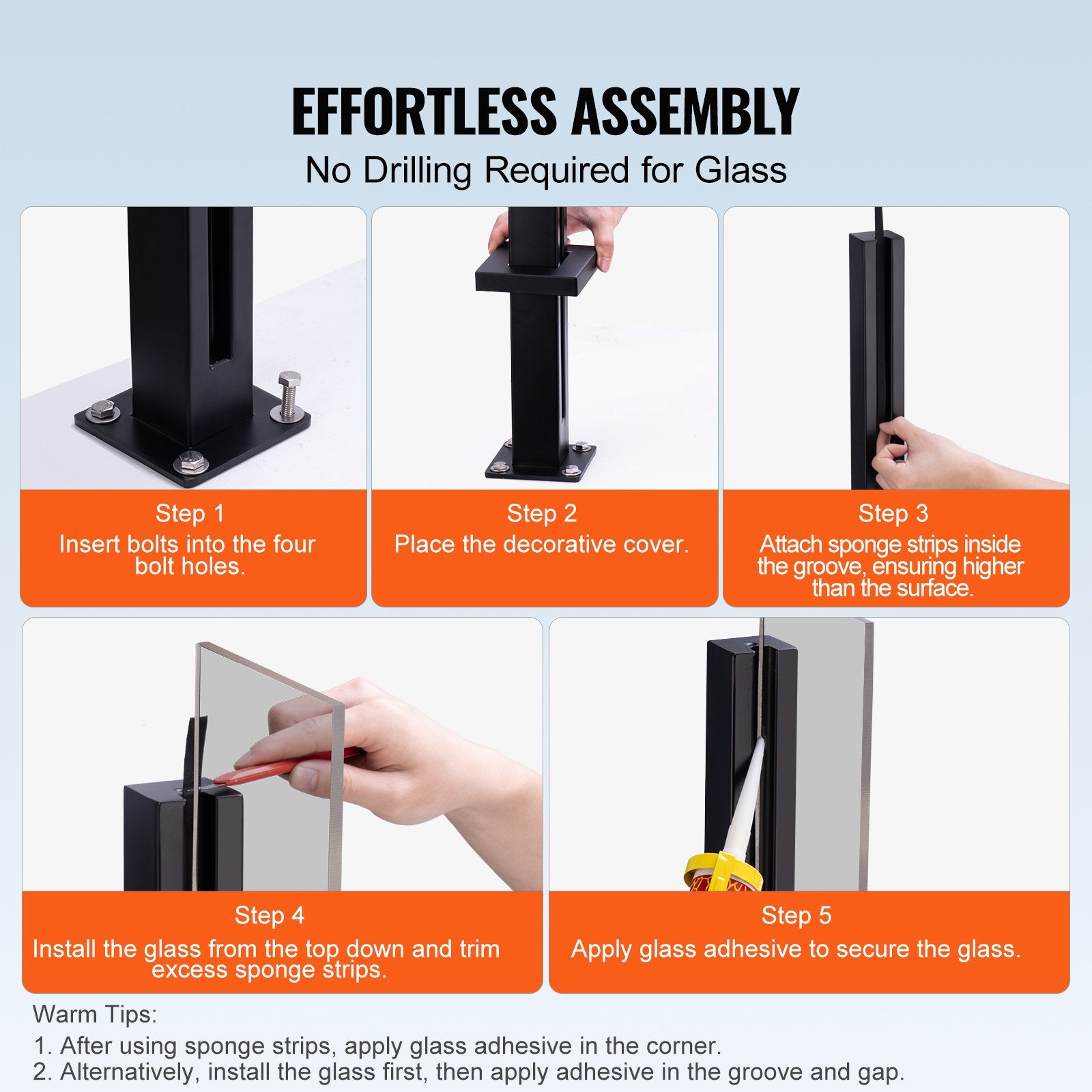 VEVOR Glass Clamp, 41.34" Height Glass Railing Bracket for 0.39 "-0.47 " Thickness Tempered Glass, 304 Stainless Steel Glass Mounting Clamp, Glass Shelf Bracket for Balcony, Garden, Deck, Stair, Black 3