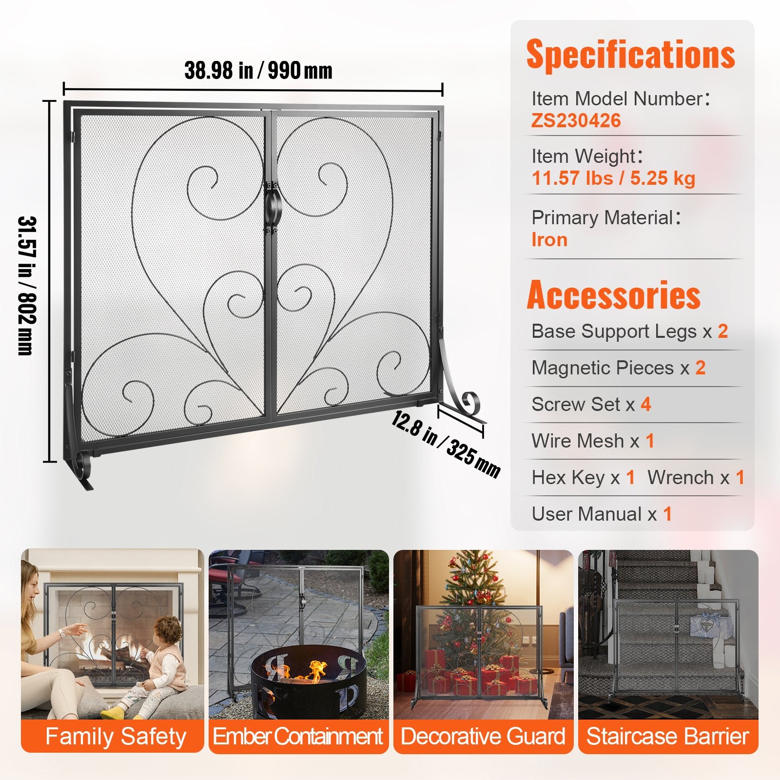 VEVOR 990x802MM Fireplace Screen 2-Panel Iron Mesh Spark Guard Vintage Black 7
