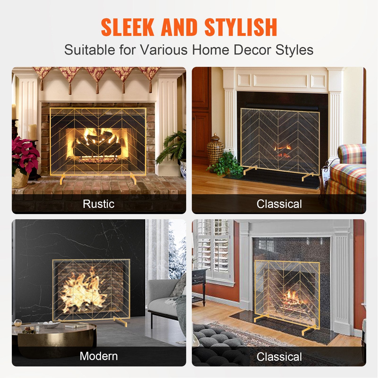 VEVOR 980x758MM Fireplace Screen 1-Panel Iron Mesh Spark Guard Modern Gold 3