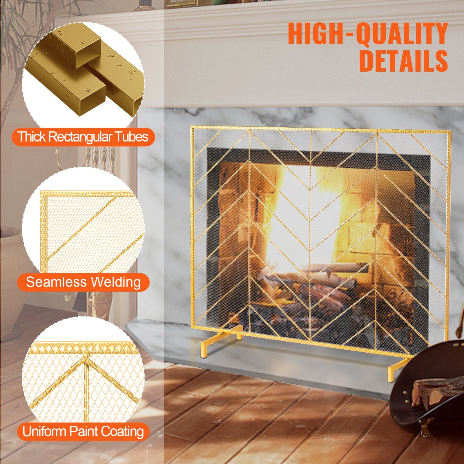 VEVOR 980x758MM Fireplace Screen 1-Panel Iron Mesh Spark Guard Modern Gold 6