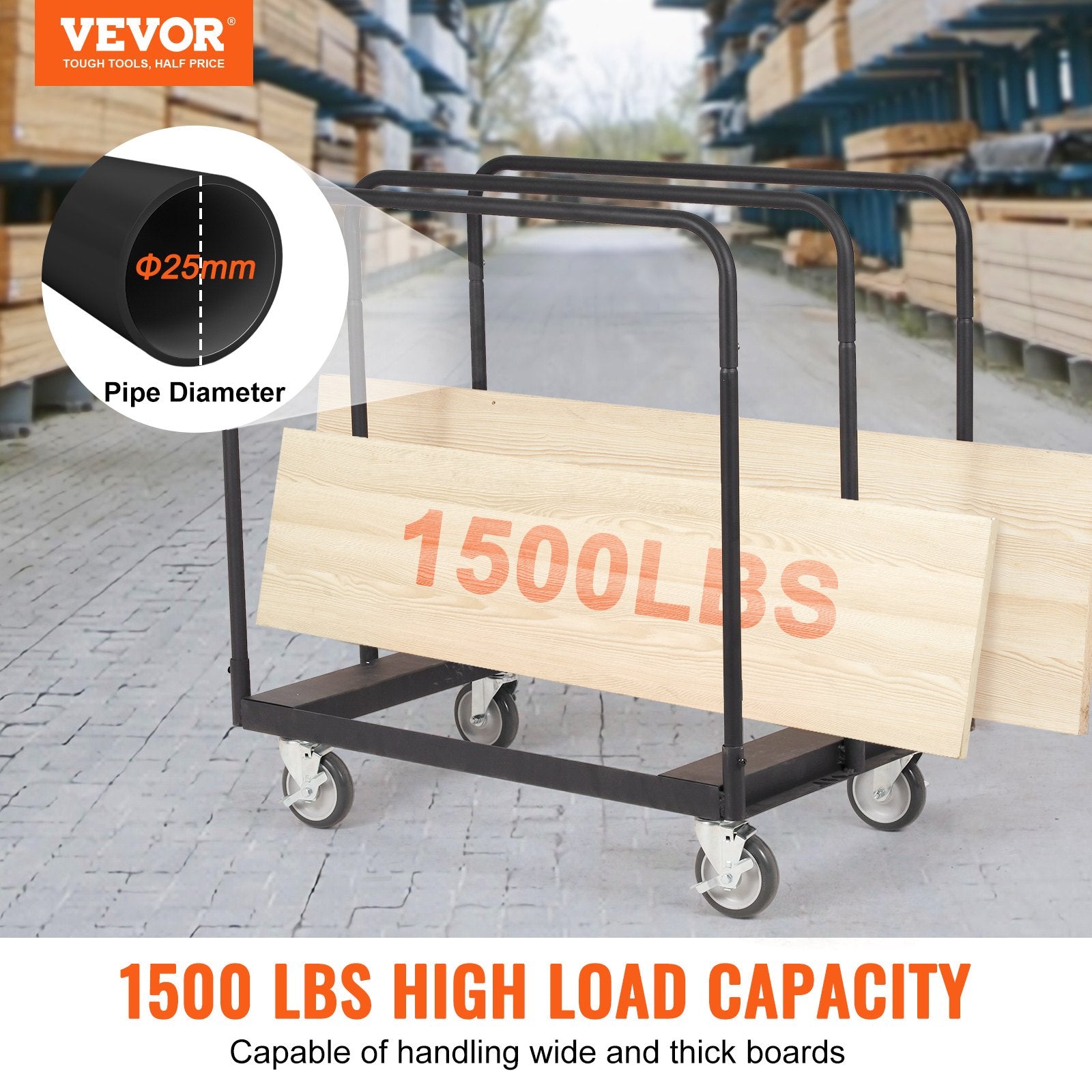 VEVOR Drywall Cart, 1500 LBS Panel Dolly Cart with 36.02" x 24.02" Deck and 5" Swivel Wheels, Heavy-Duty Drywall Sheet Cart, Handling Wall Panel, Sheetrock, Lumber, for Garage, Home, Warehouse