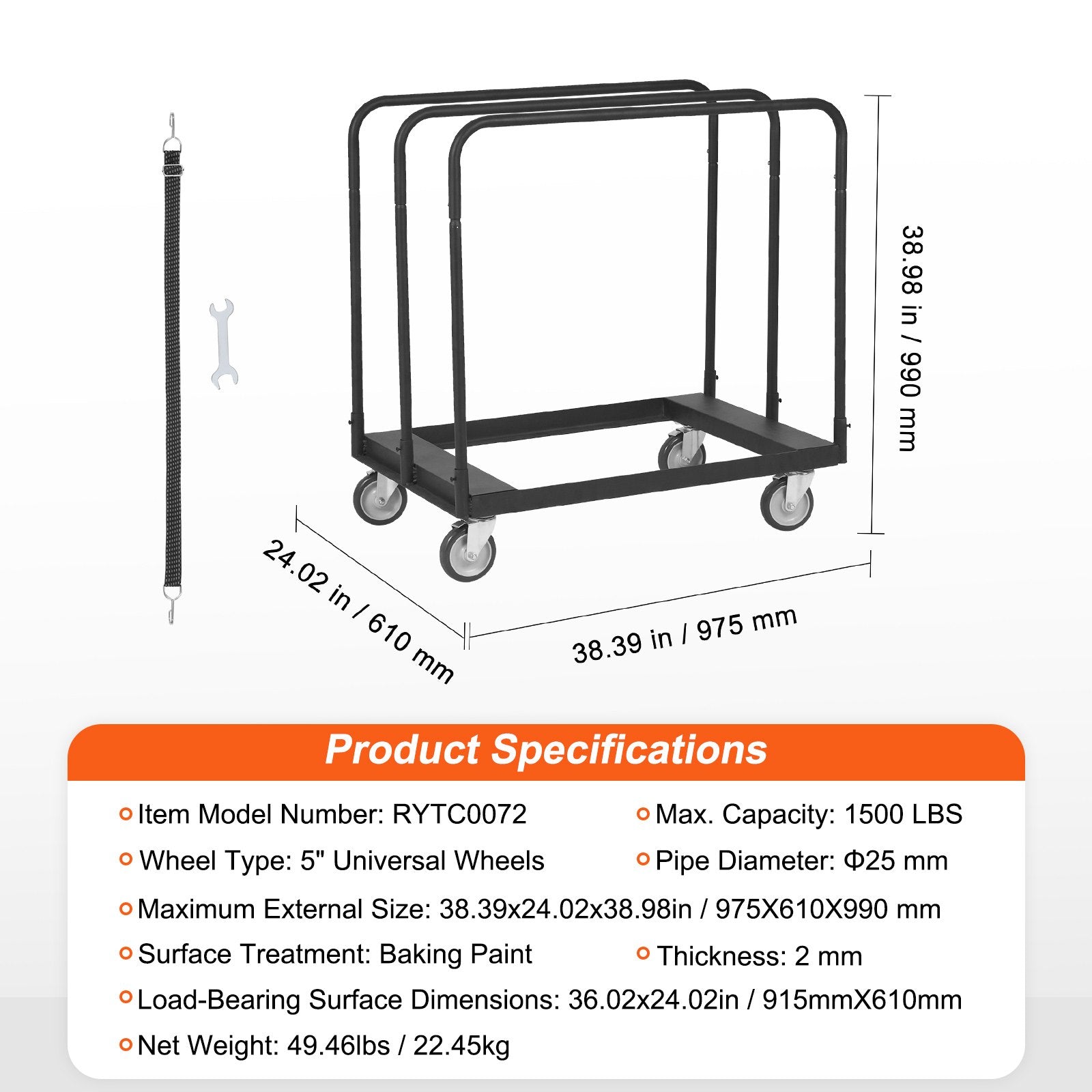 VEVOR Drywall Cart, 1500 LBS Panel Dolly Cart with 36.02" x 24.02" Deck and 5" Swivel Wheels, Heavy-Duty Drywall Sheet Cart, Handling Wall Panel, Sheetrock, Lumber, for Garage, Home, Warehouse 7