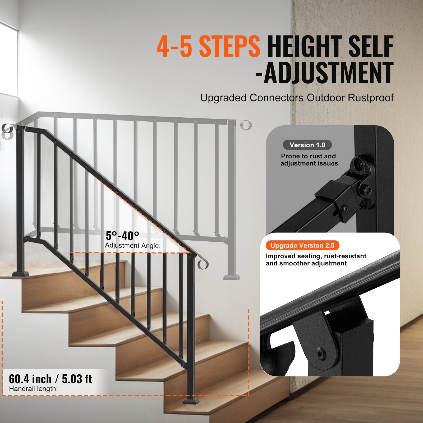 VEVOR Handrails for Outdoor Steps, 5 Step Stair Hand Rail Kit, Transitional Carbon Steel Railings with Installation Kit, Stair Rails for Seniors, Concrete Steps & Porch & Deck, Black Retro Arch 3