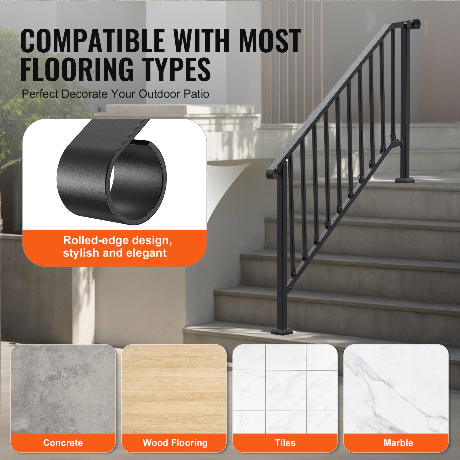 VEVOR Handrails for Outdoor Steps, 5 Step Stair Hand Rail Kit, Transitional Carbon Steel Railings with Installation Kit, Stair Rails for Seniors, Concrete Steps & Porch & Deck, Black Retro Arch 5