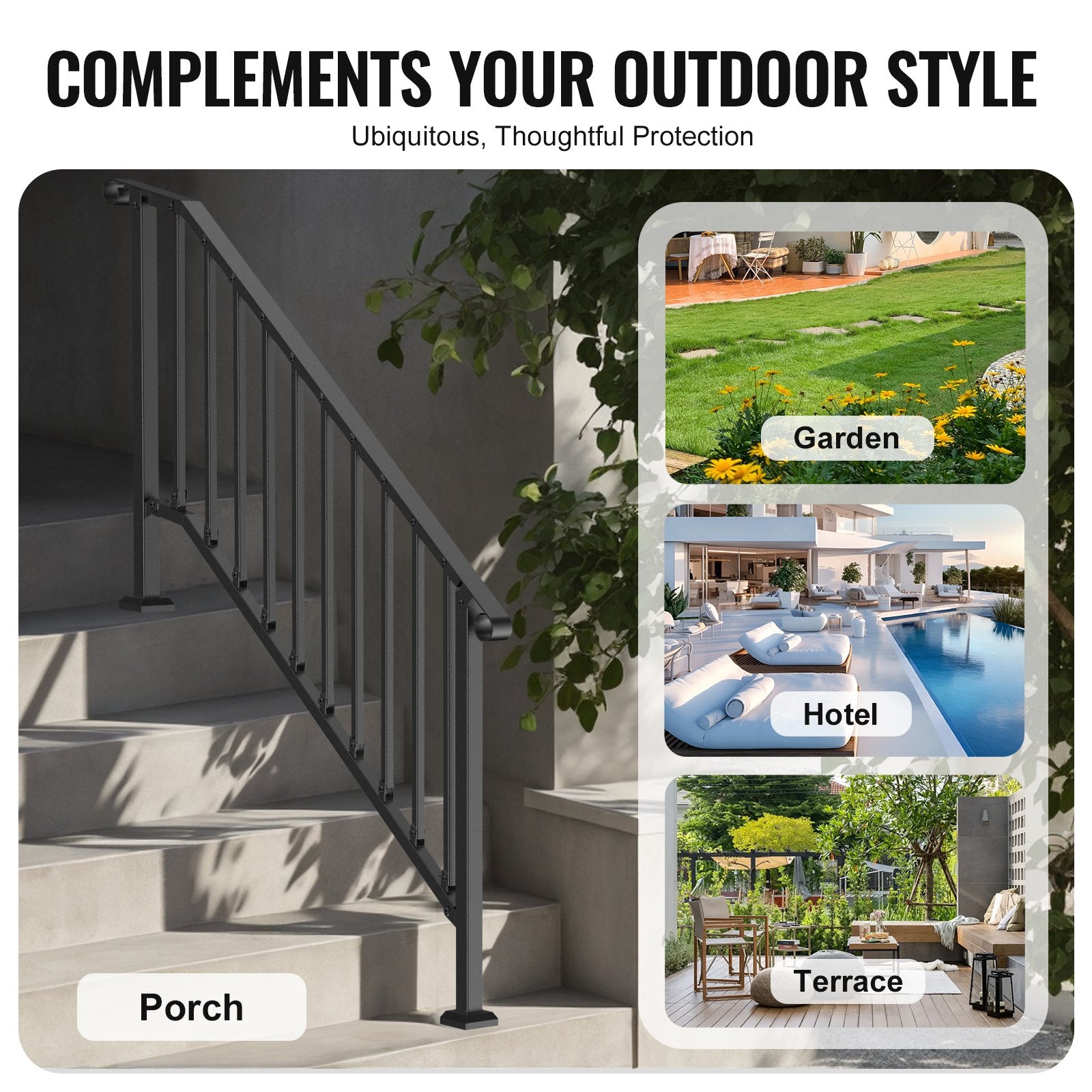 VEVOR Handrails for Outdoor Steps, 5 Step Stair Hand Rail Kit, Transitional Carbon Steel Railings with Installation Kit, Stair Rails for Seniors, Concrete Steps & Porch & Deck, Black Retro Arch 6