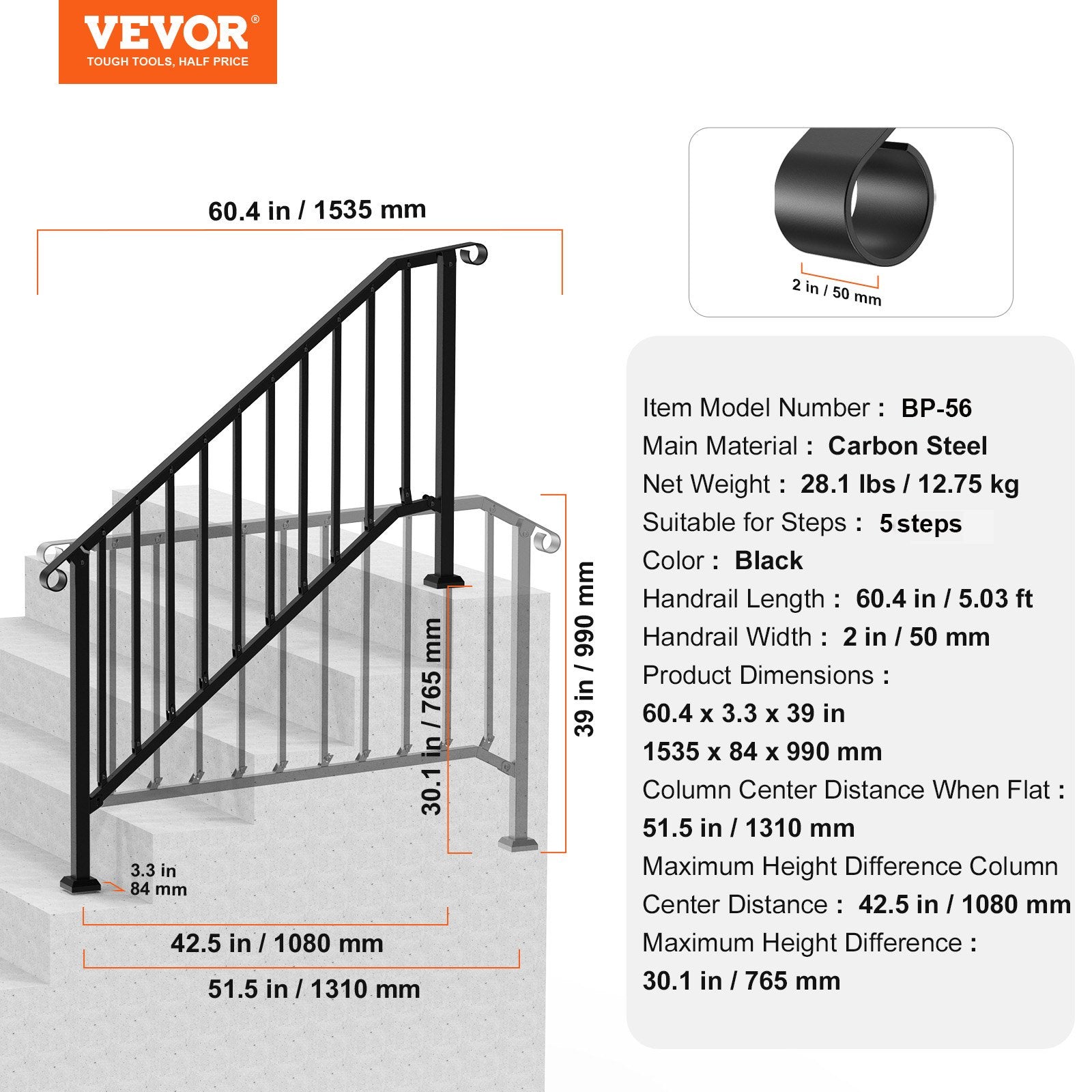 VEVOR Handrails for Outdoor Steps, 5 Step Stair Hand Rail Kit, Transitional Carbon Steel Railings with Installation Kit, Stair Rails for Seniors, Concrete Steps & Porch & Deck, Black Retro Arch 7