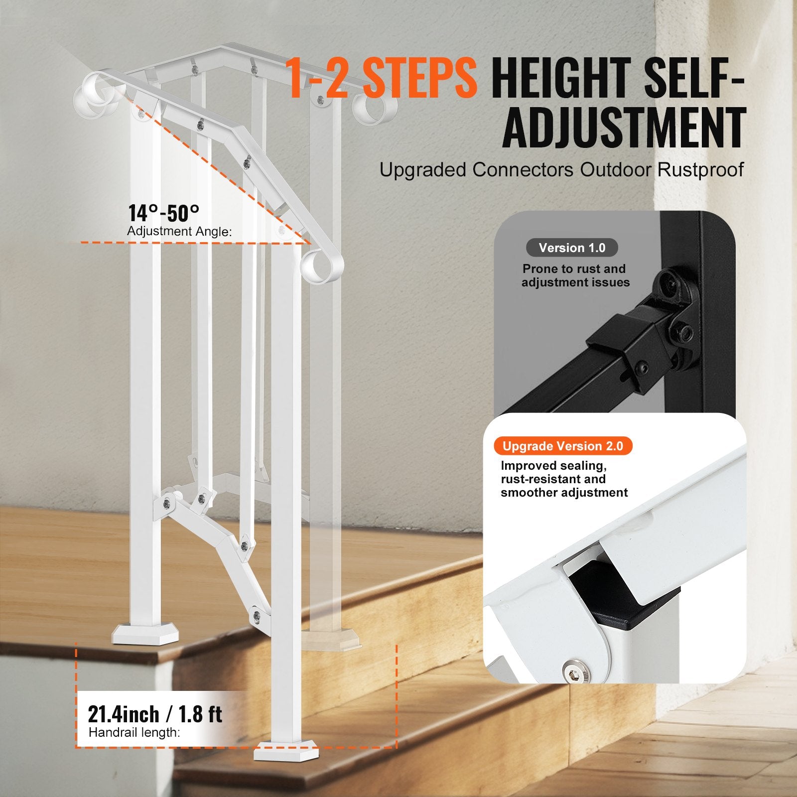 VEVOR Handrails for Outdoor Steps, 1-2 Step Stair Hand Rail Kit, Transitional Carbon Steel Railings with Installation Kit, Stair Rails for Seniors, Concrete Steps & Porch & Deck, White Retro Arch 3