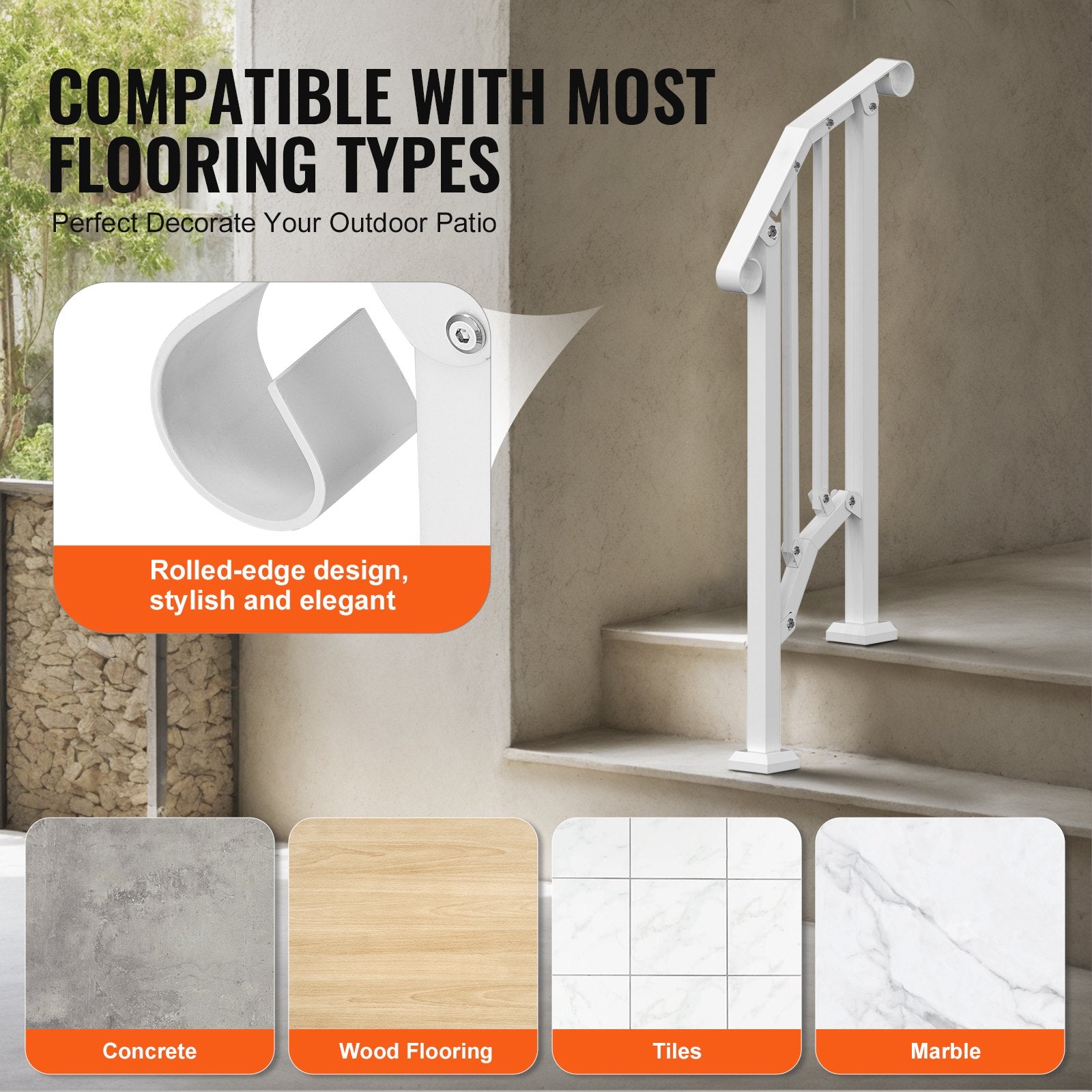 VEVOR Handrails for Outdoor Steps, 1-2 Step Stair Hand Rail Kit, Transitional Carbon Steel Railings with Installation Kit, Stair Rails for Seniors, Concrete Steps & Porch & Deck, White Retro Arch 5