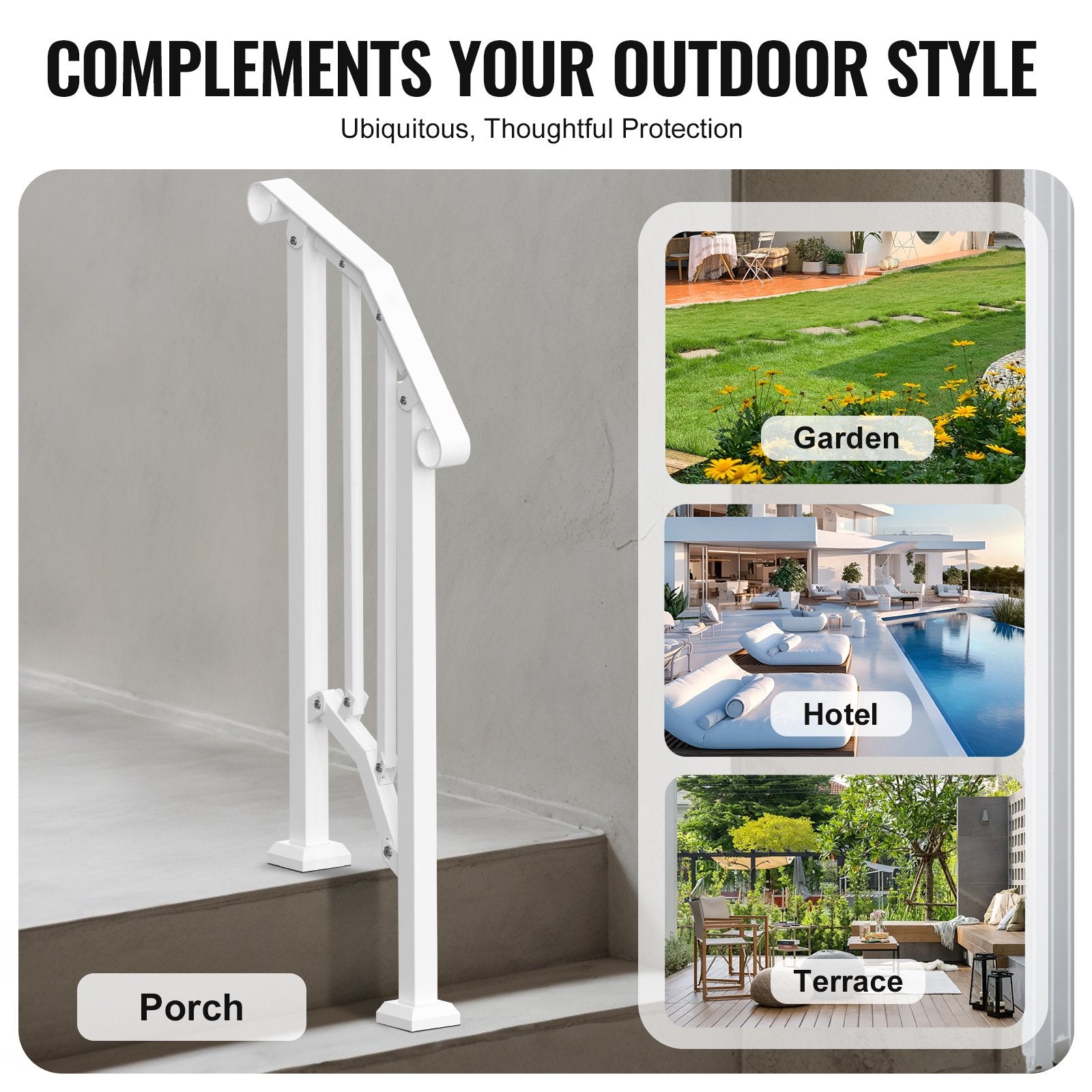 VEVOR Handrails for Outdoor Steps, 1-2 Step Stair Hand Rail Kit, Transitional Carbon Steel Railings with Installation Kit, Stair Rails for Seniors, Concrete Steps & Porch & Deck, White Retro Arch 6
