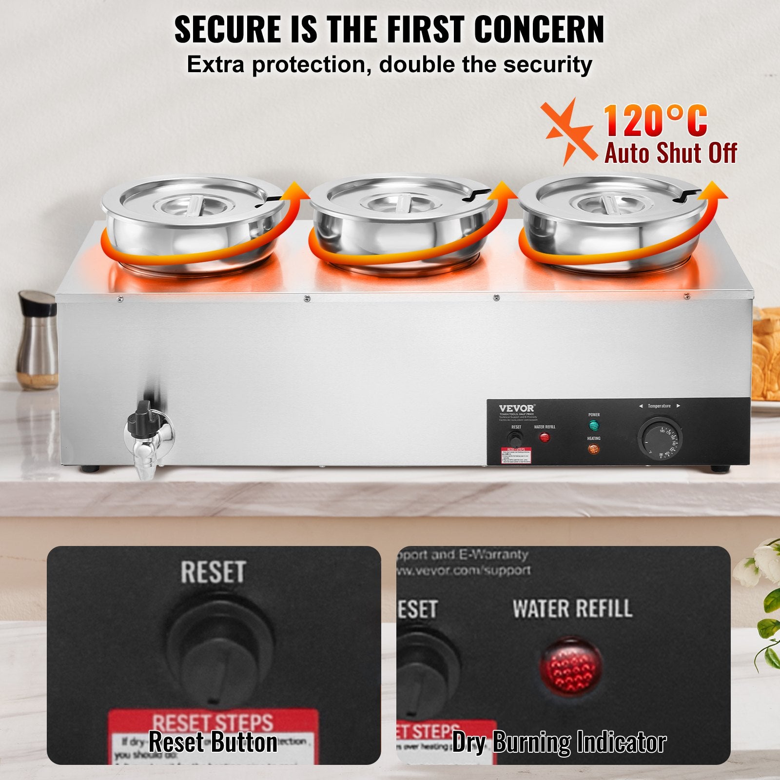 VEVOR Electric Soup Warmer, Three 7.4QT Stainless Steel Round Pot, 1200W Commercial Food Warmer, 30 - 85℃ Adjustable Temp, Bain Marie with Anti-Dry Burn and Reset Button, for Restaurant, Buffet 4