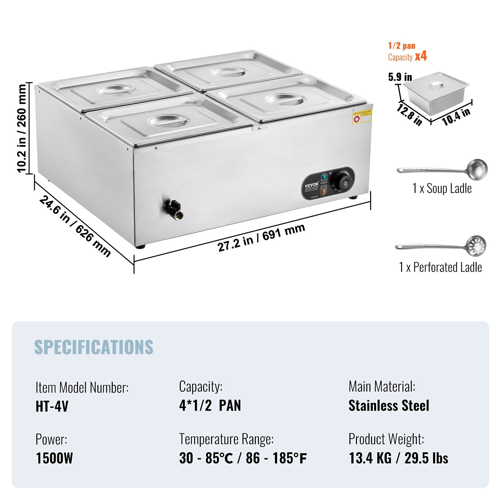 VEVOR Commercial Electric Food Warmer Countertop Buffet 4*12 Qt Pan Bain Marie 6