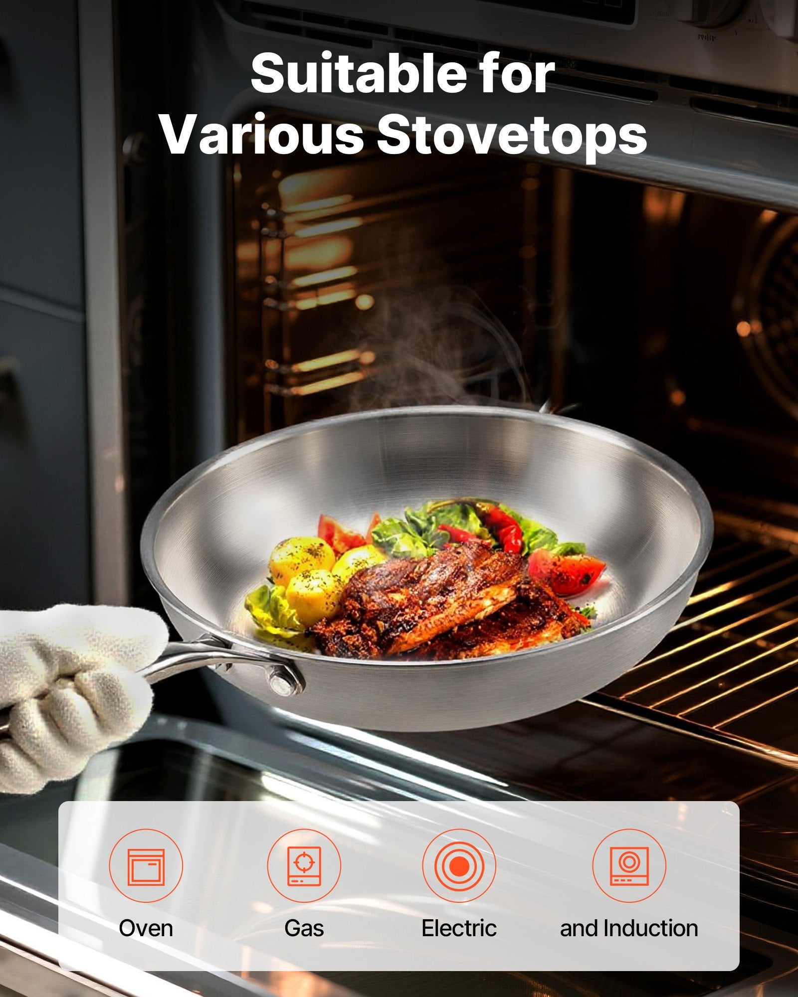 VEVOR Tri-Ply Stainless Steel Frying Pan, 3 Piece (240, 280, 320 mm), Cooking Skillet with Heat-Resistant Handle, Chef's Kitchen Cookware, Oven, Gas, Electric, Induction, Dishwasher Compatible, Silver 6